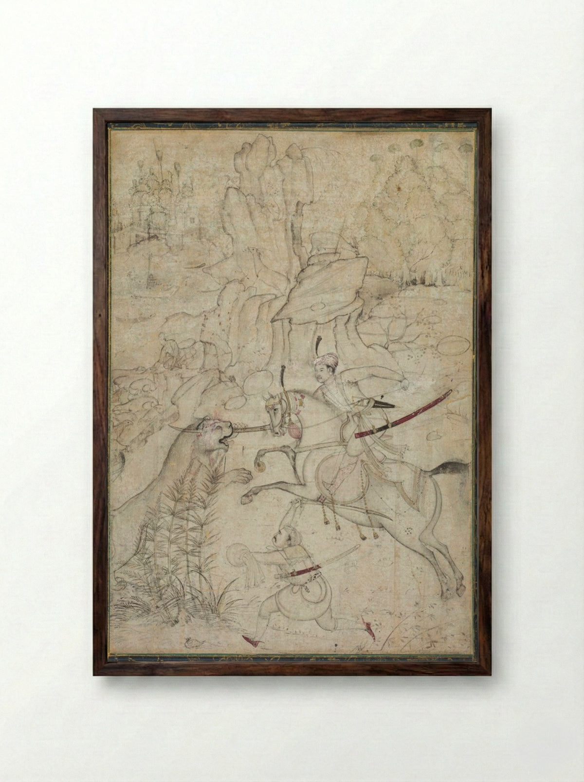 A Mounted Prince Hunting Lion in a Rocky Landscape - Khem Karan - Framed Print Dark Wood