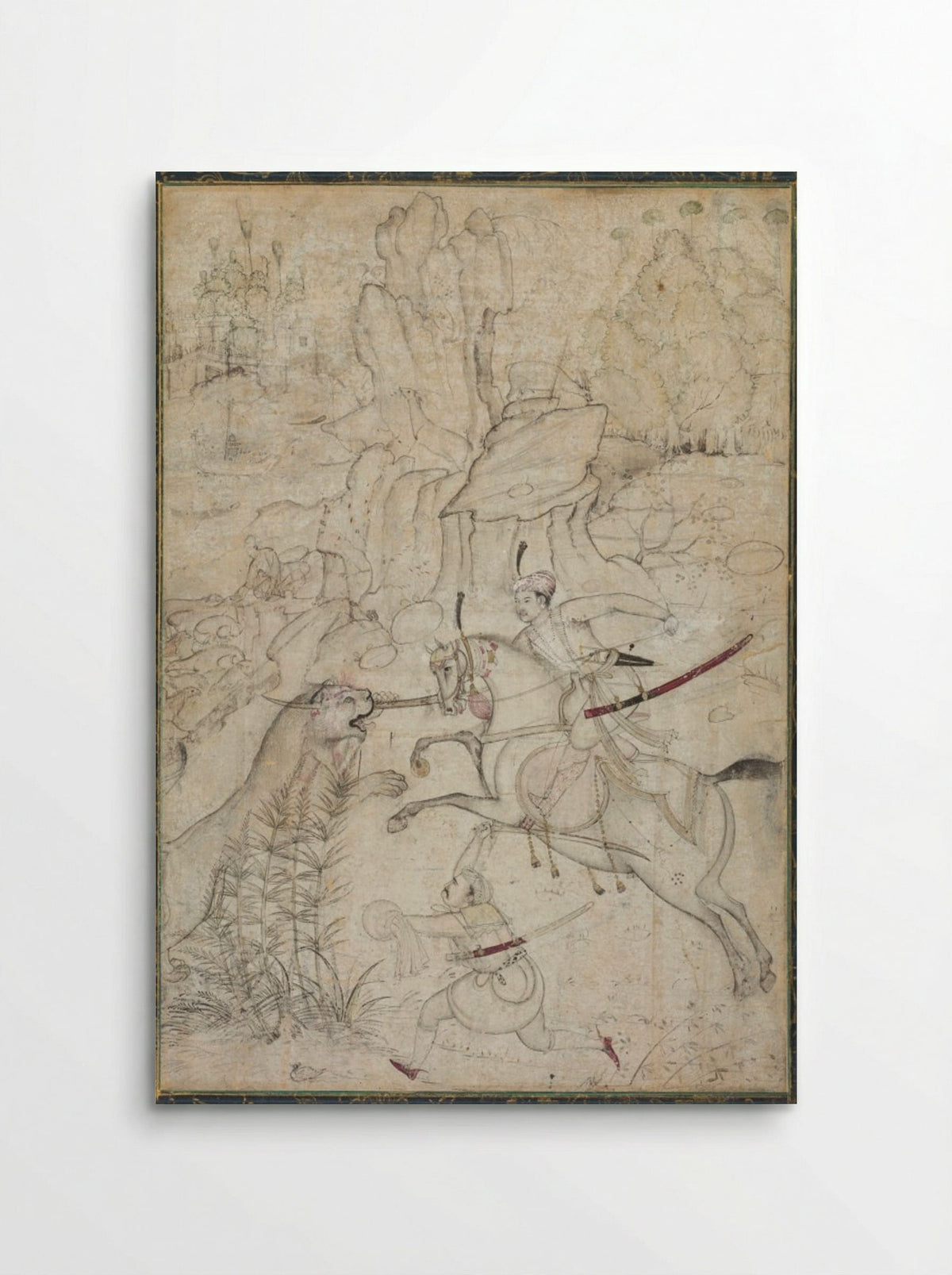 A Mounted Prince Hunting Lion in a Rocky Landscape - Khem Karan - Poster
