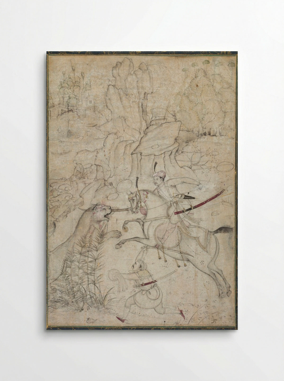 A Mounted Prince Hunting Lion in a Rocky Landscape - Khem Karan - Poster
