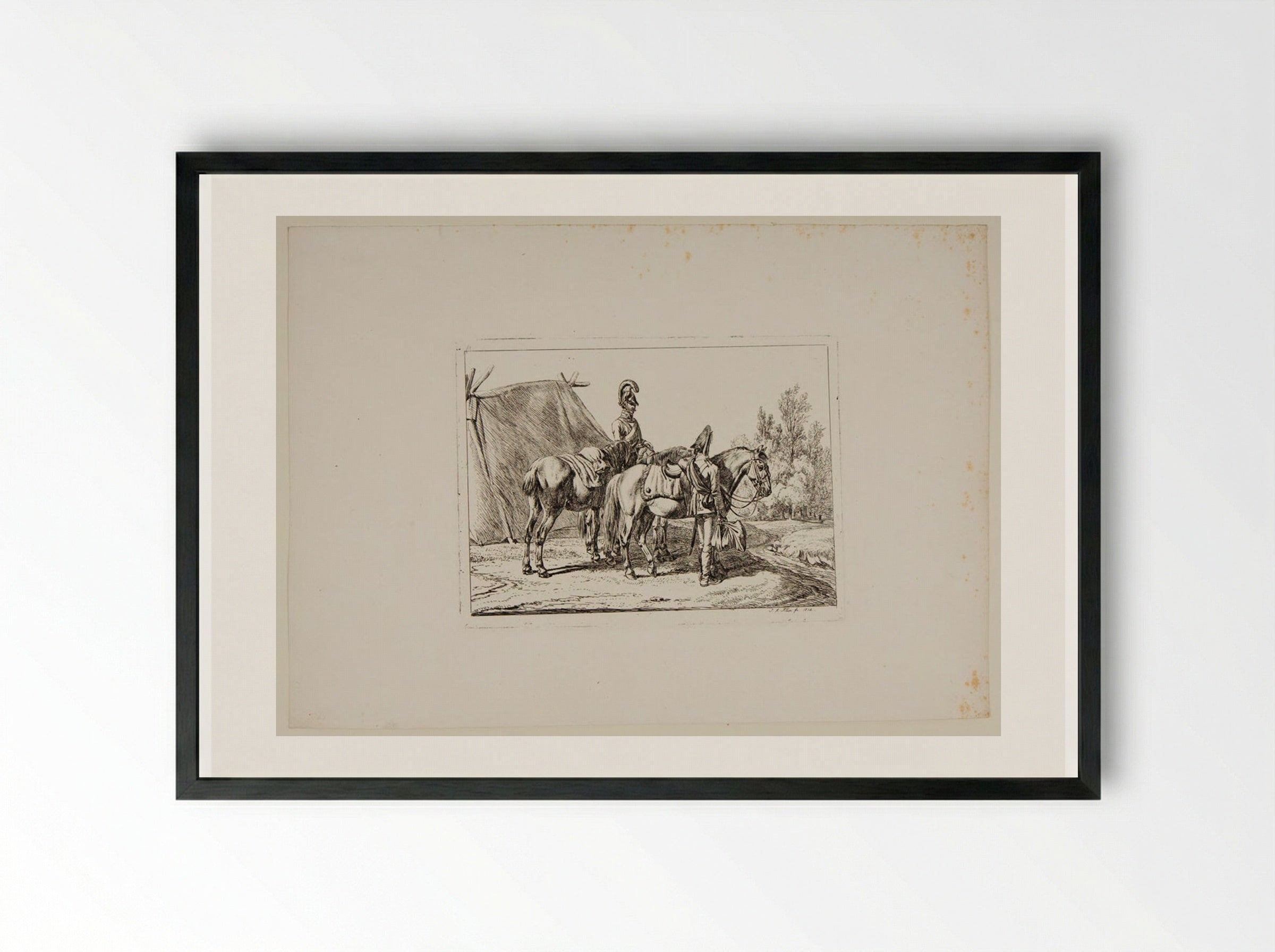 A Mounted Soldier Talking to an Unmounted Soldier - Johann Adam Klein - Framed Print Black