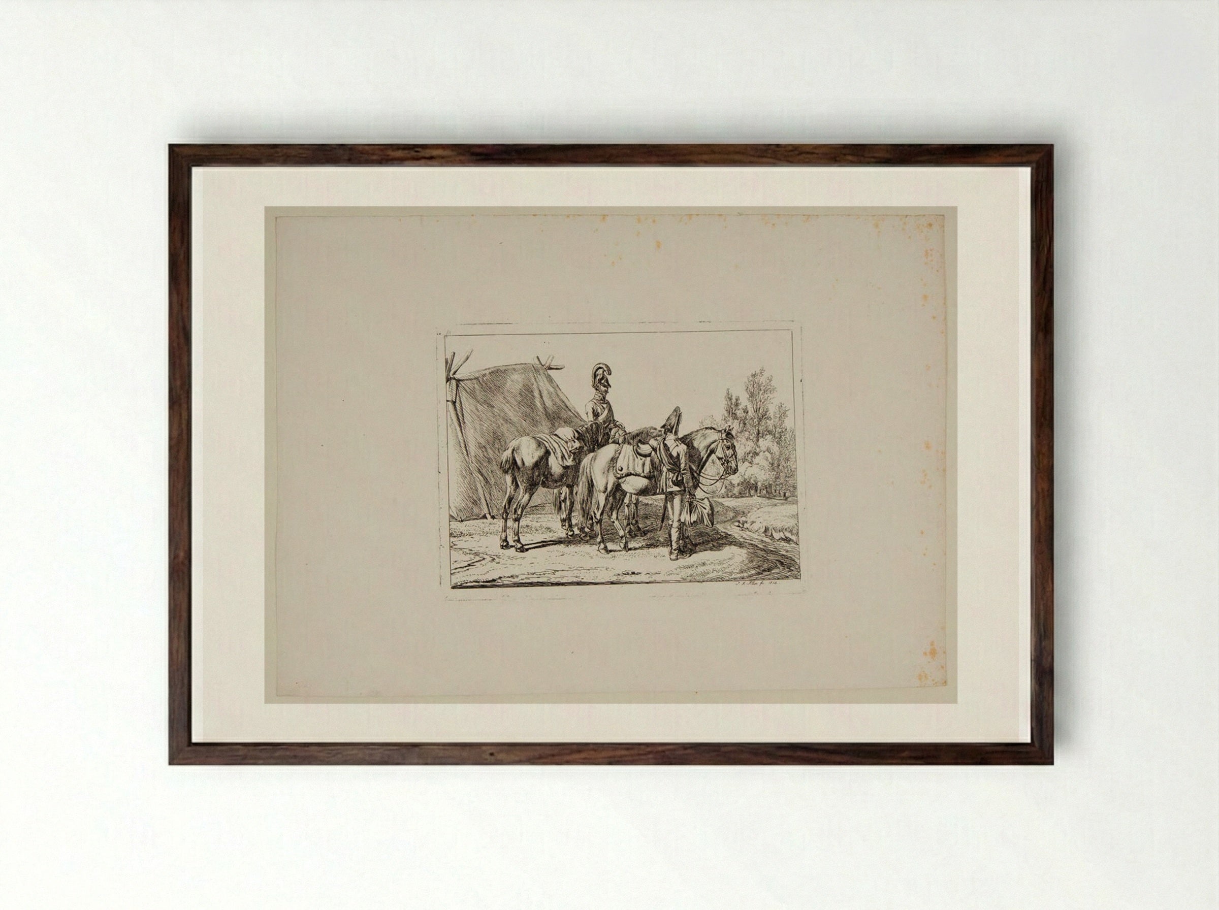 A Mounted Soldier Talking to an Unmounted Soldier - Johann Adam Klein - Framed Print Dark Wood
