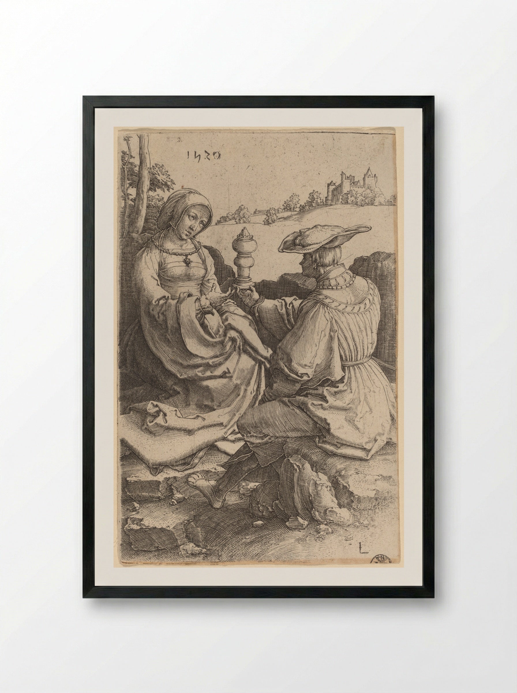 A Nobleman and a Lady Seated in a Landscape - Lucas van Leyden - Framed Print Black