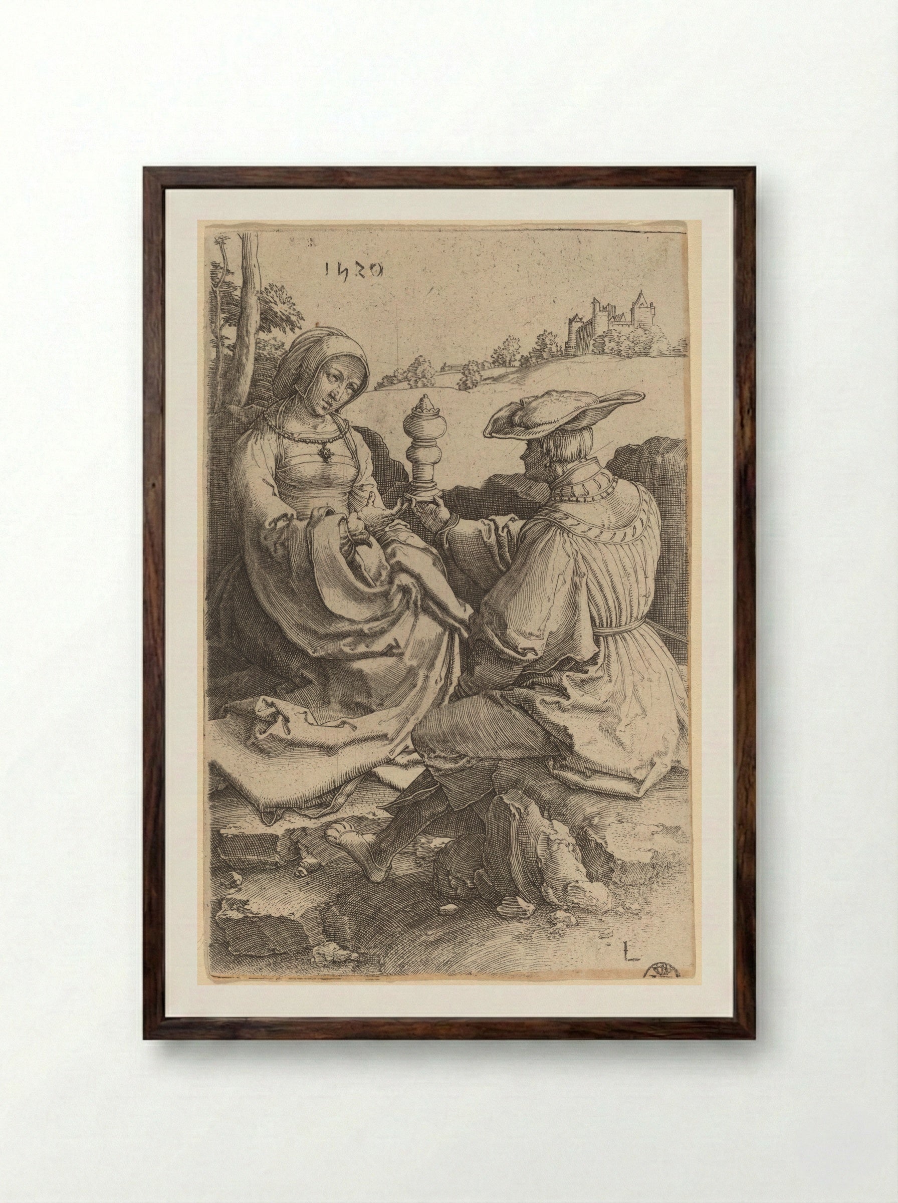A Nobleman and a Lady Seated in a Landscape - Lucas van Leyden - Framed Print Dark Wood