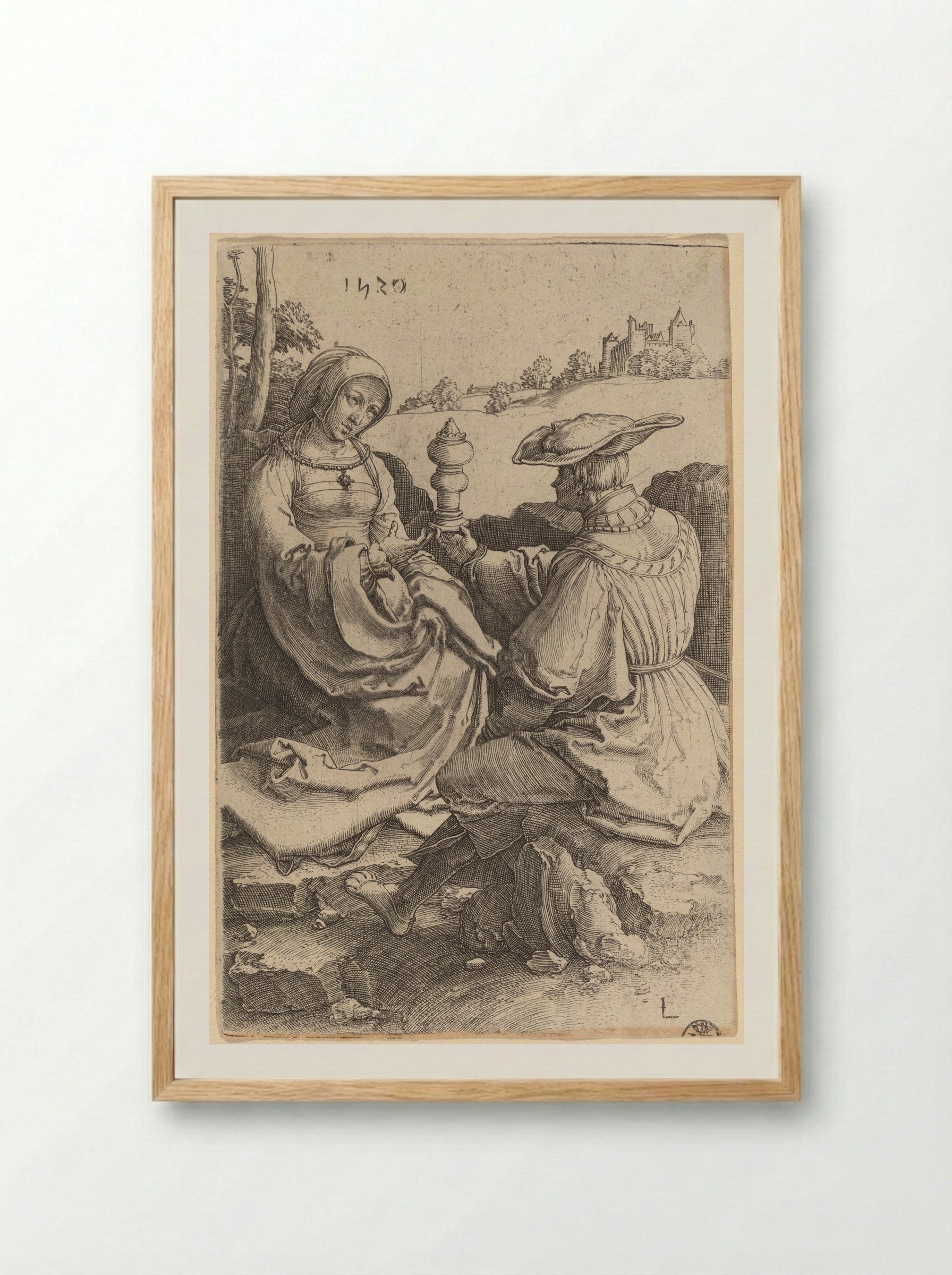 A Nobleman and a Lady Seated in a Landscape - Lucas van Leyden - Framed Print Wood