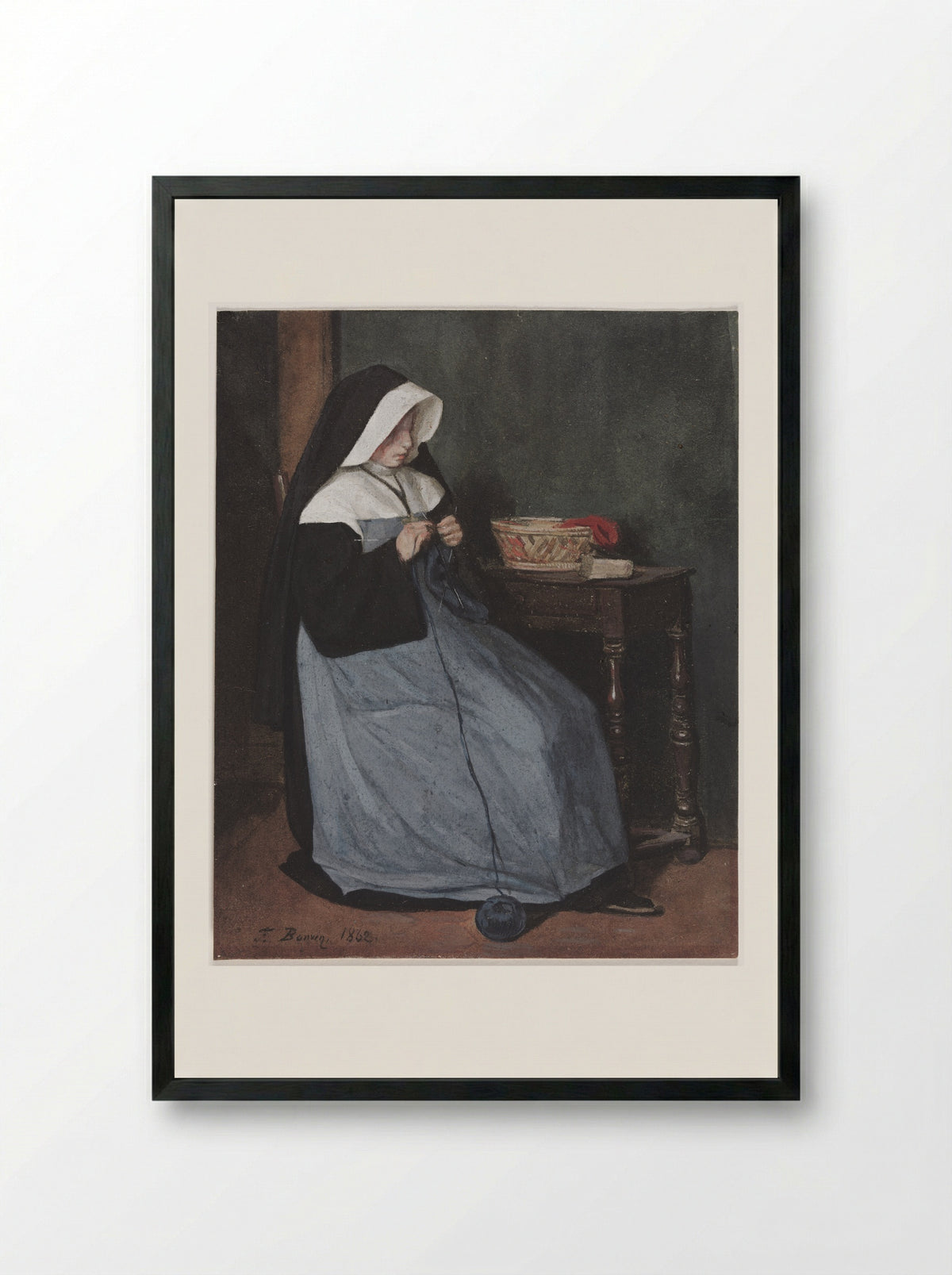 A Nun Seated at a Table Knitting - François Bonvin - Framed Print Black