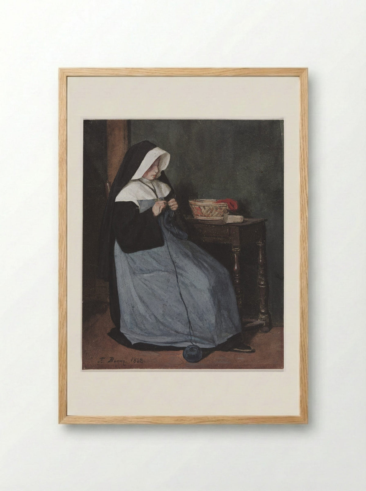 A Nun Seated at a Table Knitting - François Bonvin - Framed Print Wood