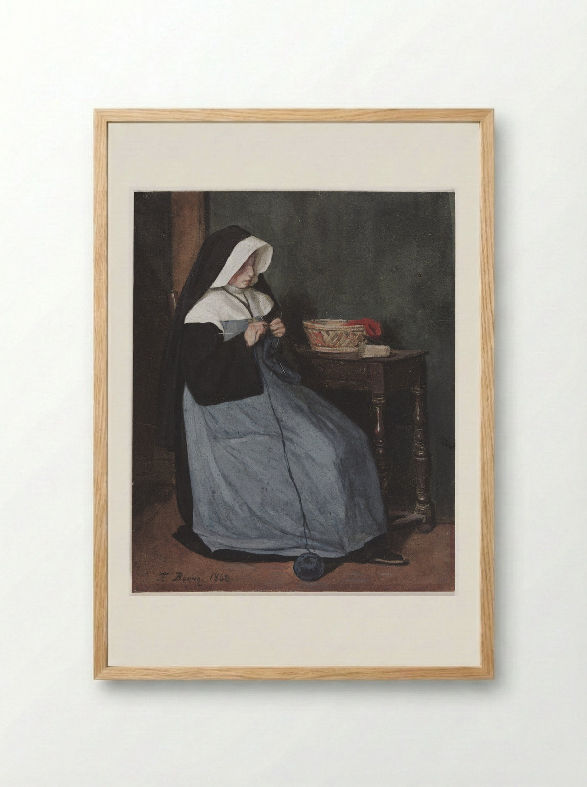 A Nun Seated at a Table Knitting - François Bonvin - Framed Print Wood