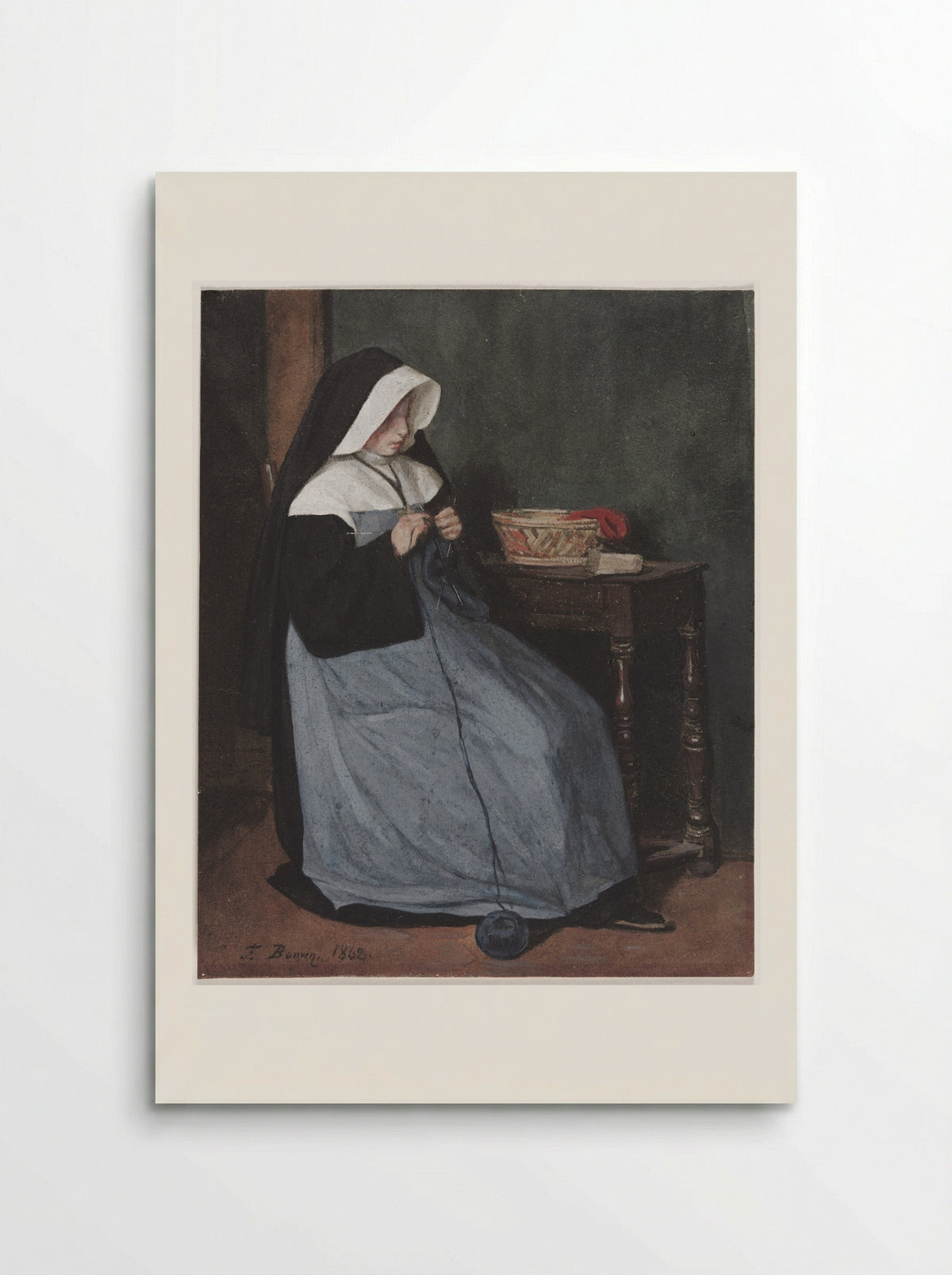 A Nun Seated at a Table Knitting - François Bonvin - Poster