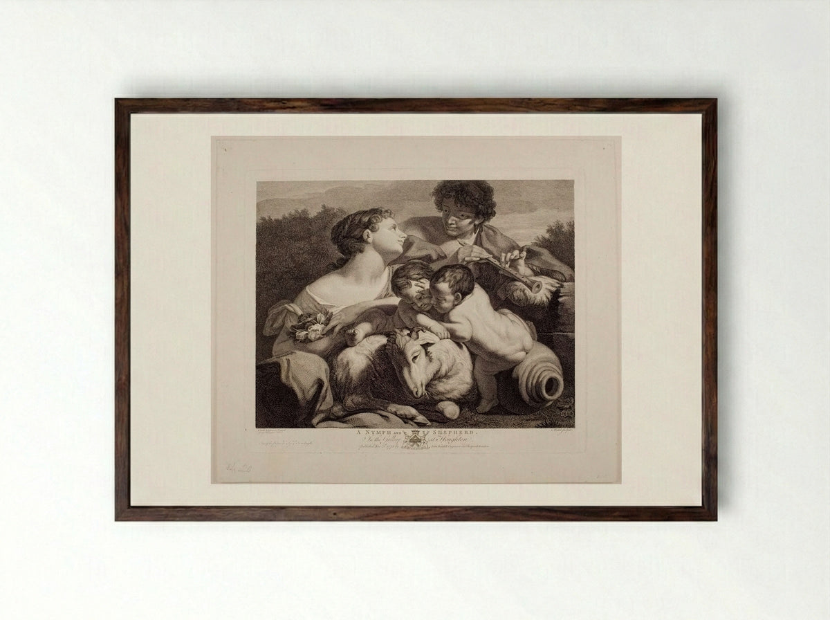 A Nymph and Shepherd - Jean Baptiste Michel - Framed Print Dark Wood