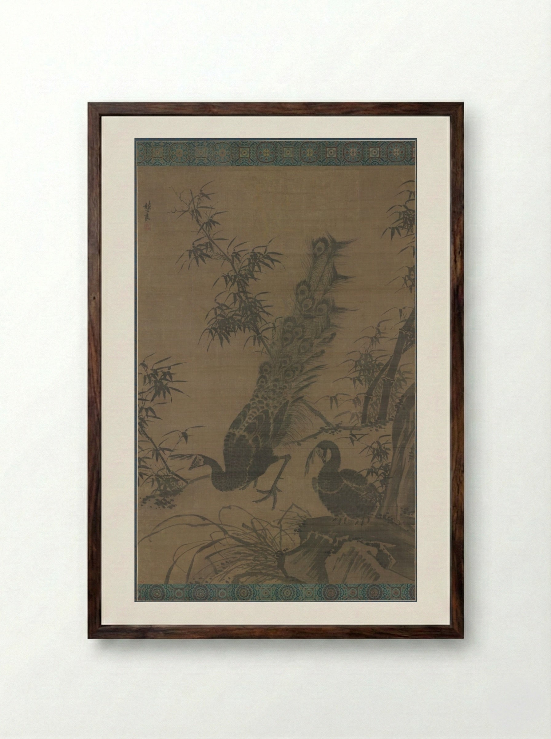 A Pair of Peafowl - Lin Liang - Framed Print Dark Wood