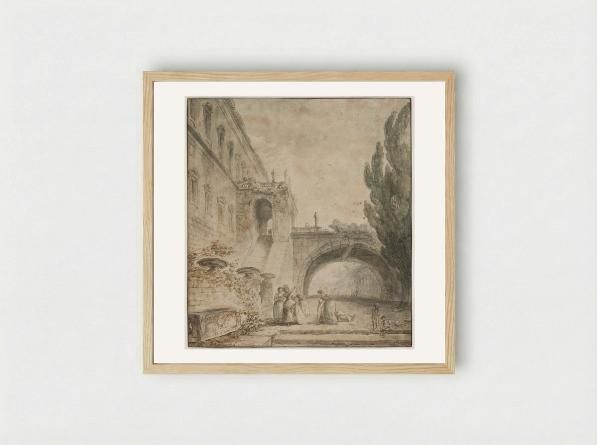 A Palace with an Arched Bridge (A Roman Villa) - Hubert Robert - Framed Print Wood