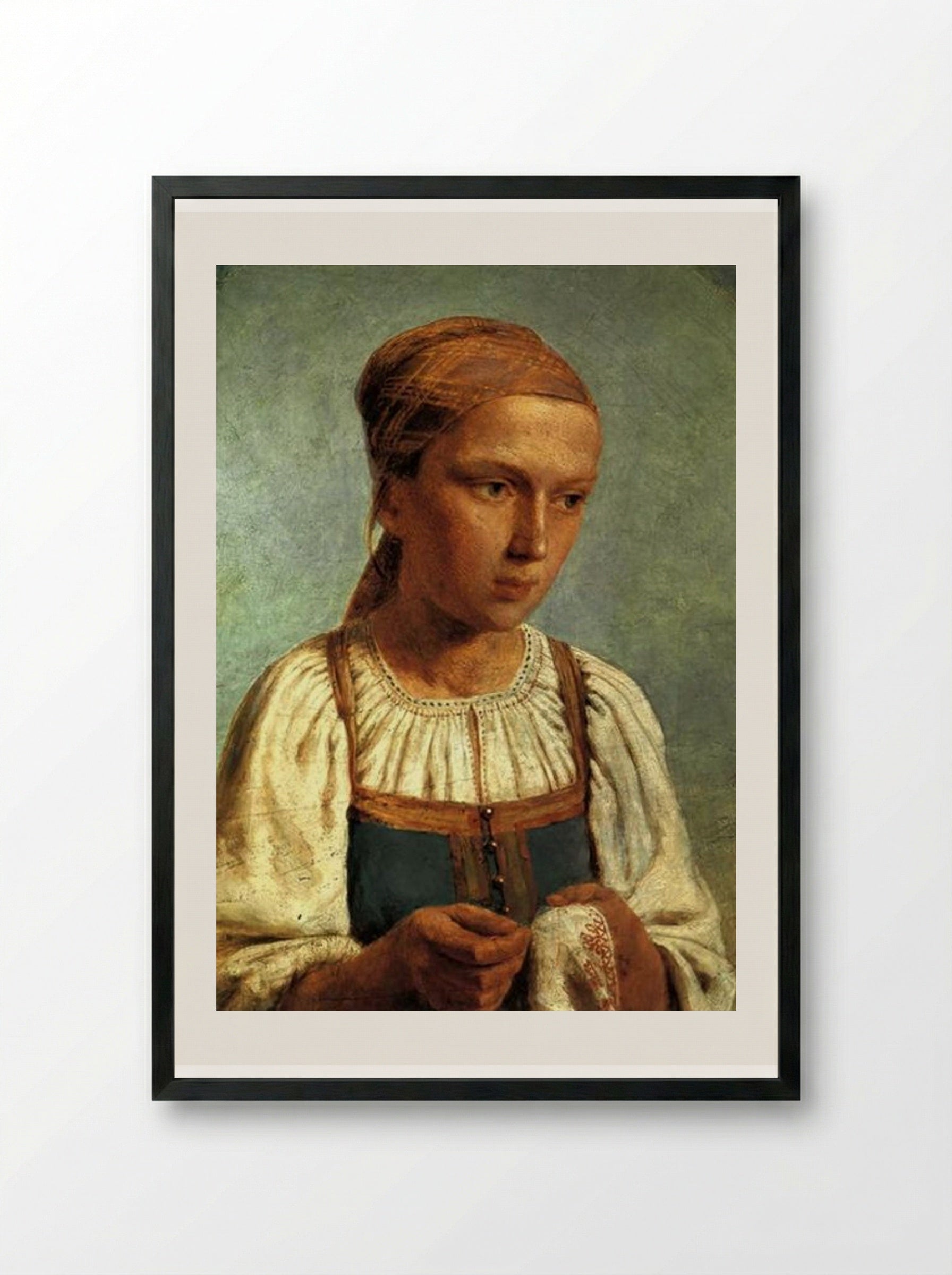 A Peasant Girl with Embroidery - Alexey Venetsianov - Framed Print Black