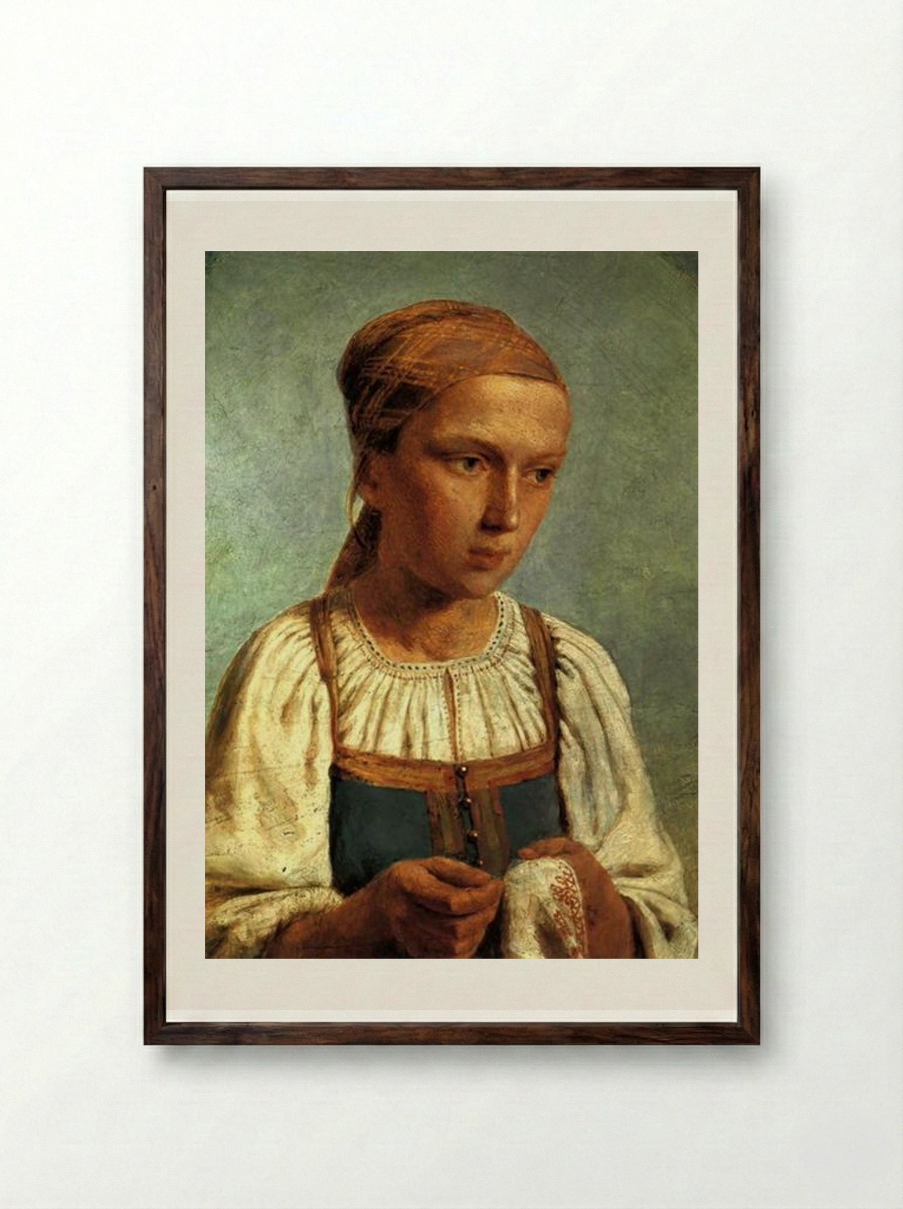 A Peasant Girl with Embroidery - Alexey Venetsianov - Framed Print Dark Wood