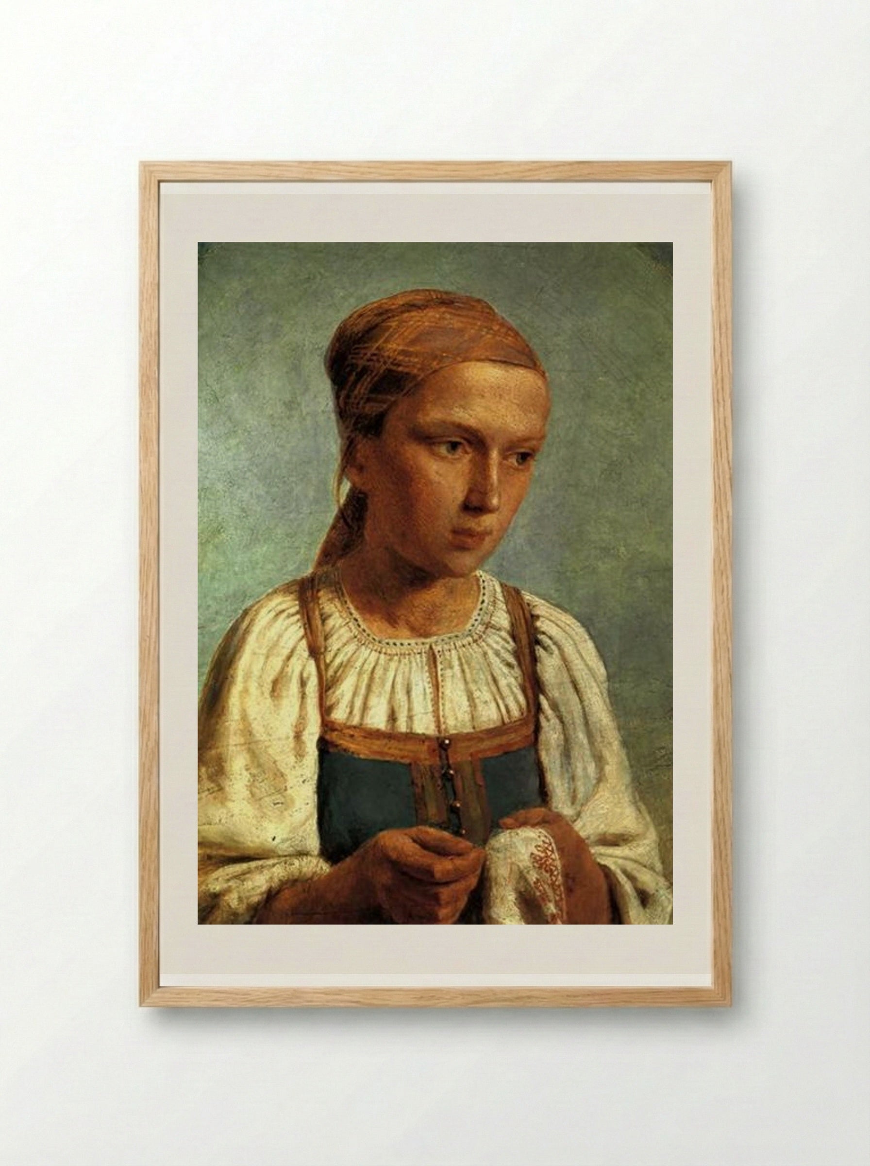 A Peasant Girl with Embroidery - Alexey Venetsianov - Framed Print Wood