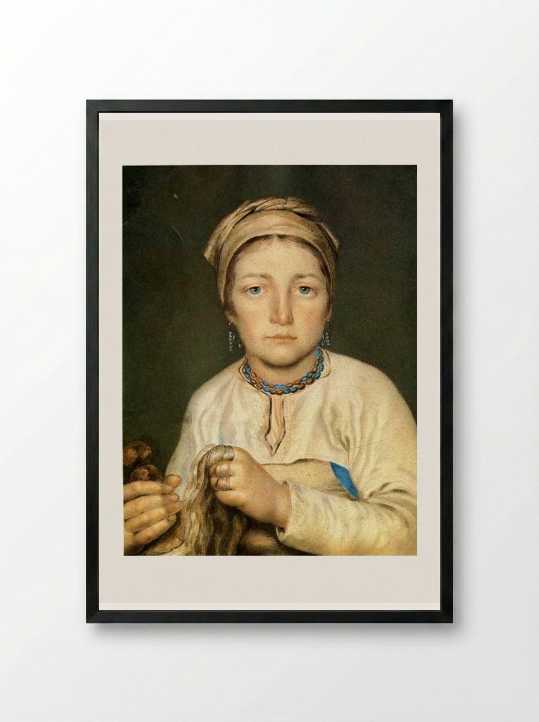 A Peasant Woman, Combing Flax (Anisia) - Alexey Venetsianov - Framed Print Black