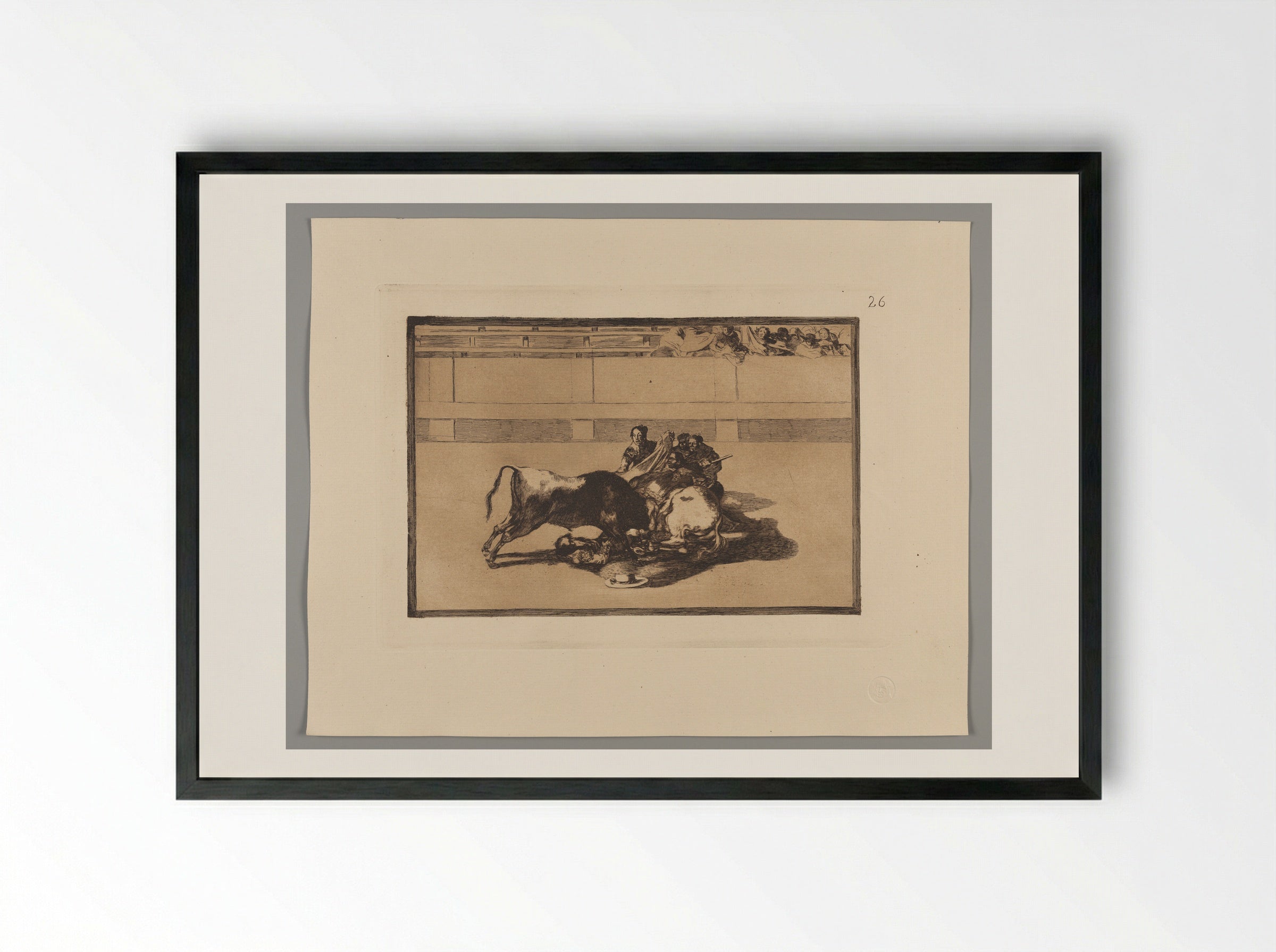 A Picador Is Unhorsed and Falls under the Bull - Francisco José de Goya y Lucientes - Framed Print Black
