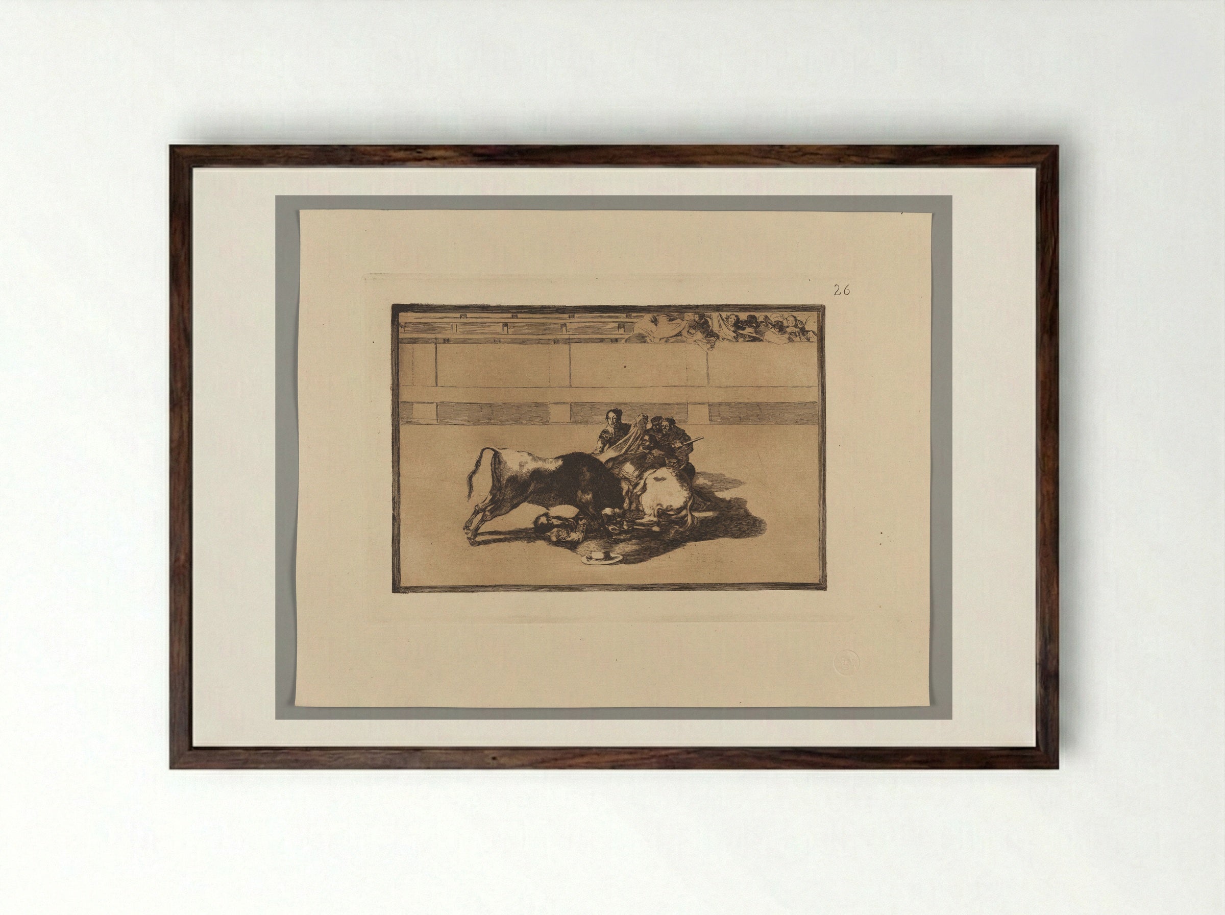 A Picador Is Unhorsed and Falls under the Bull - Francisco José de Goya y Lucientes - Framed Print Dark Wood