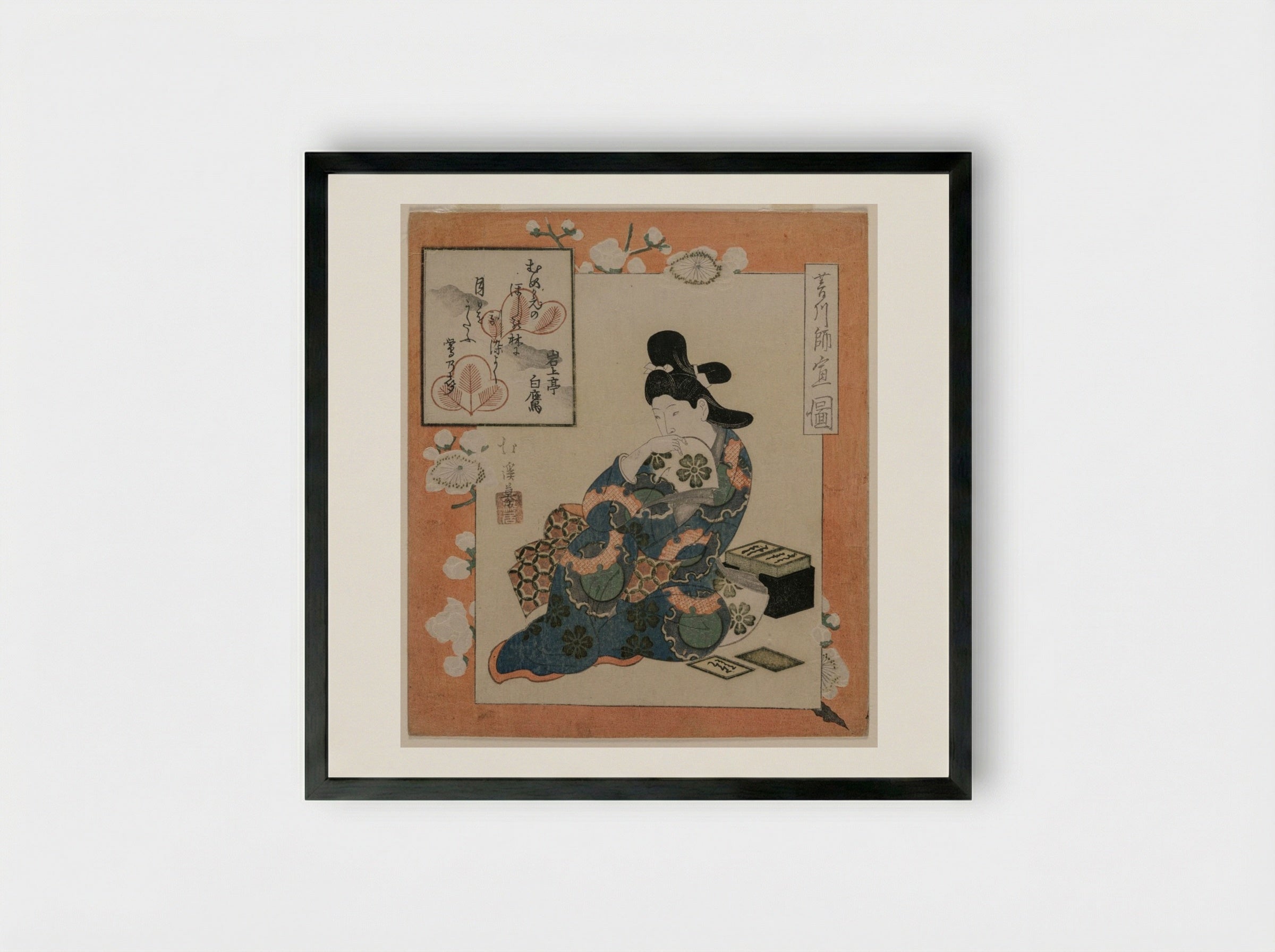 A Picture by Hishikawa Moronobu: Woman with a Set of Poem Cards - Totoya Hokkei - Framed Print Black