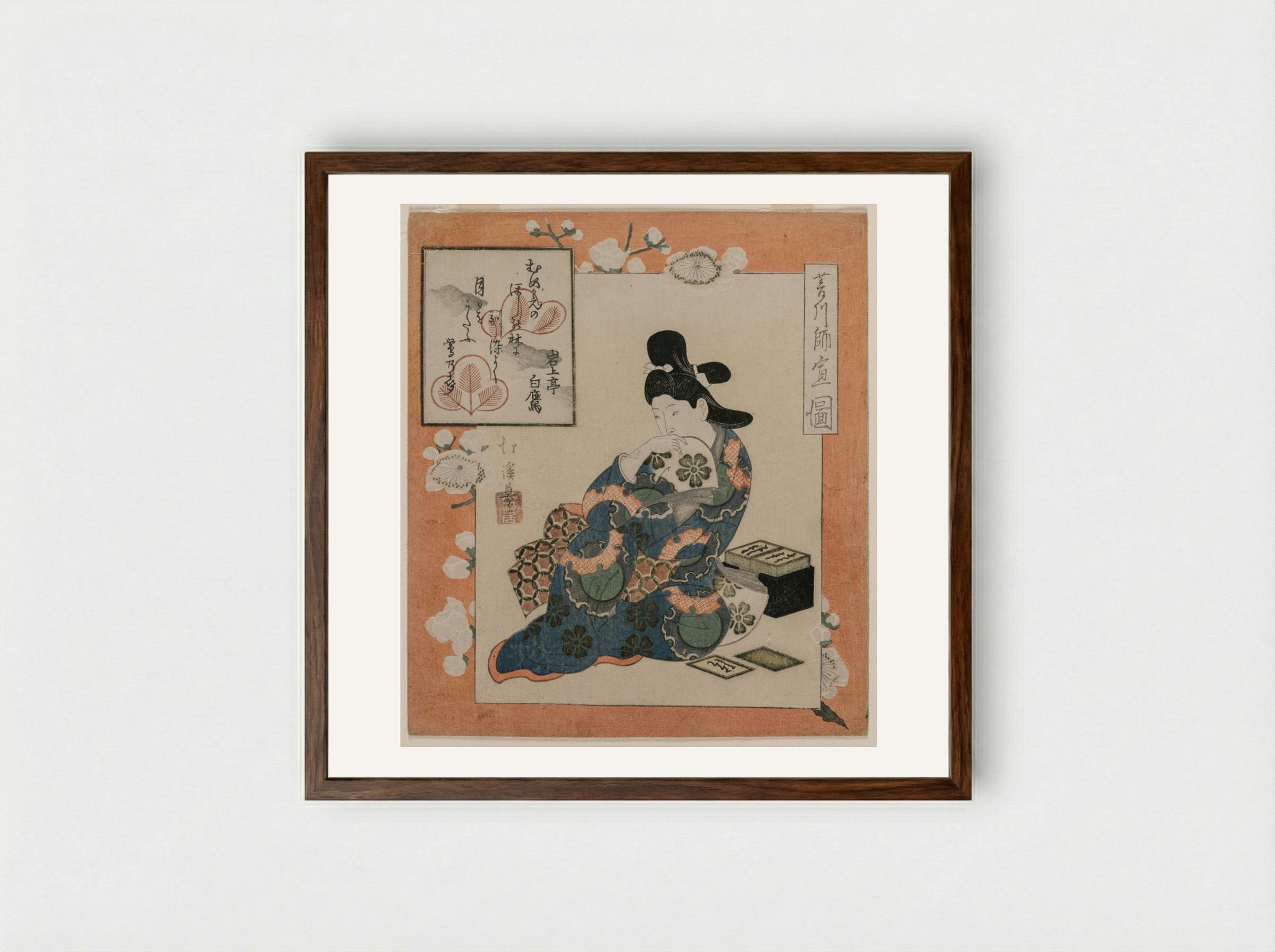 A Picture by Hishikawa Moronobu: Woman with a Set of Poem Cards - Totoya Hokkei - Framed Print Dark Wood