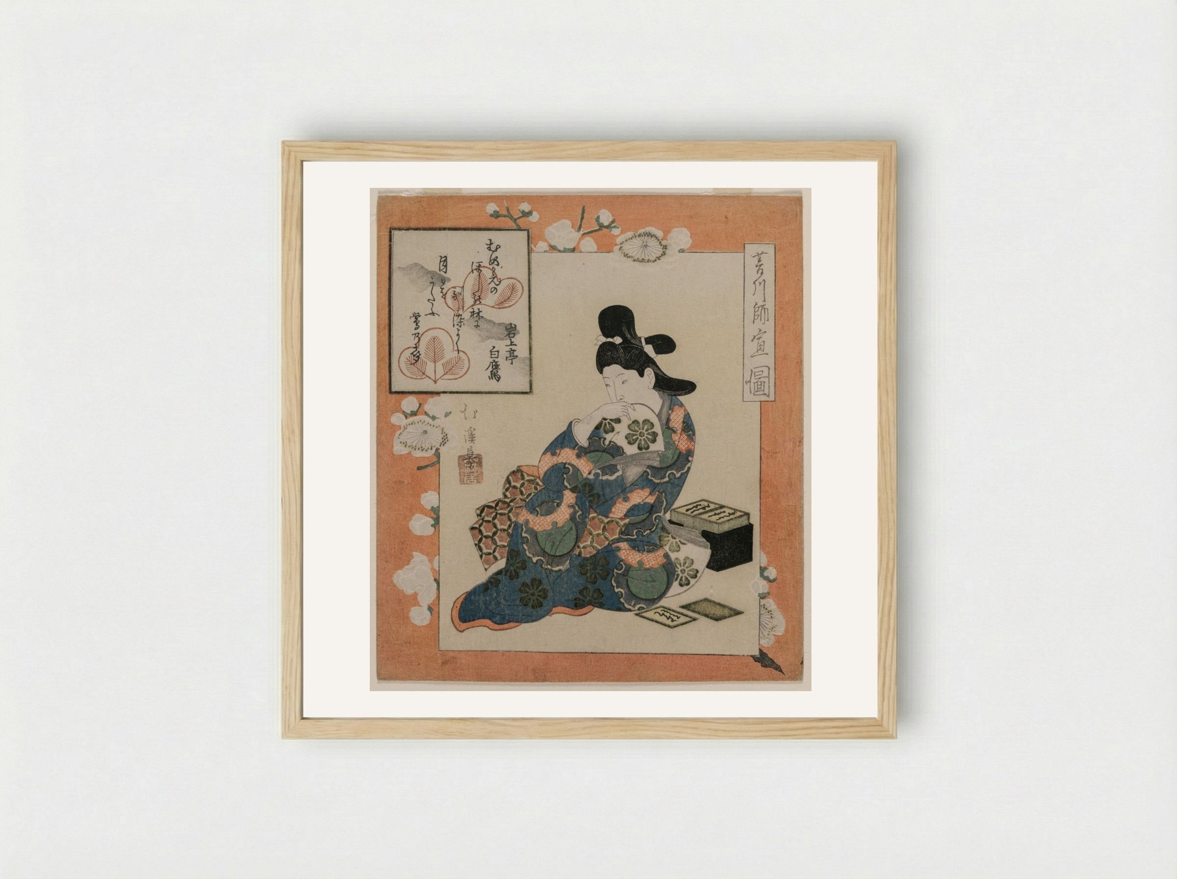 A Picture by Hishikawa Moronobu: Woman with a Set of Poem Cards - Totoya Hokkei - Framed Print Wood