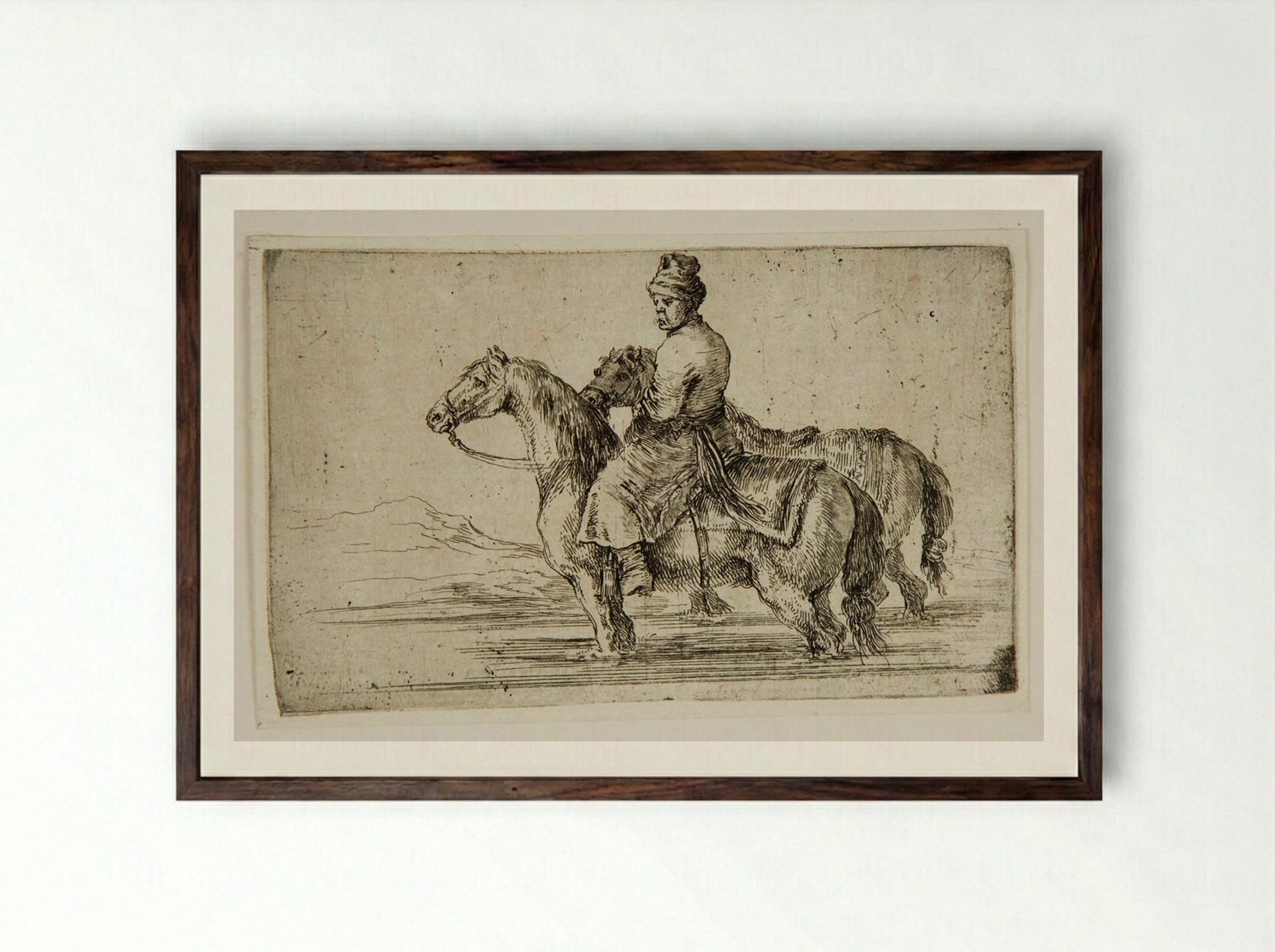 A Polish Stable Groom on Horseback - Stefano Della Bella - Framed Print Dark Wood