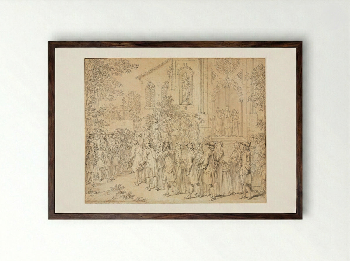 A Procession Entering a Church - Hubert François Bourguignon Gravelot - Framed Print Dark Wood