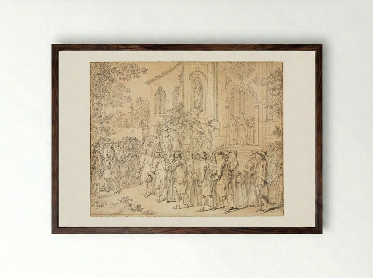 A Procession Entering a Church - Hubert François Bourguignon Gravelot - Framed Print Dark Wood