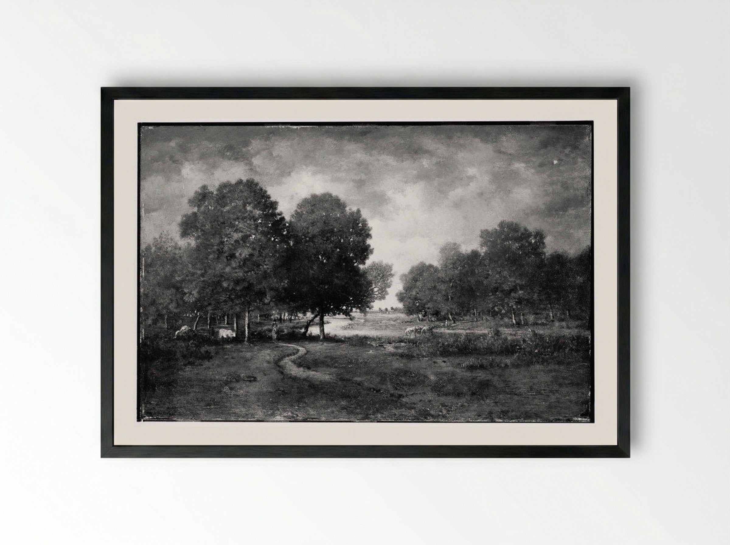A River in a Meadow - Théodore Rousseau - Framed Print Black