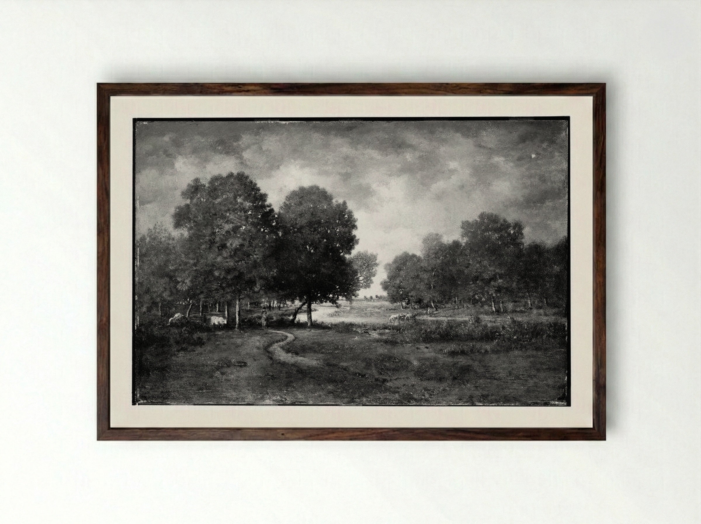 A River in a Meadow - Théodore Rousseau - Framed Print Dark Wood