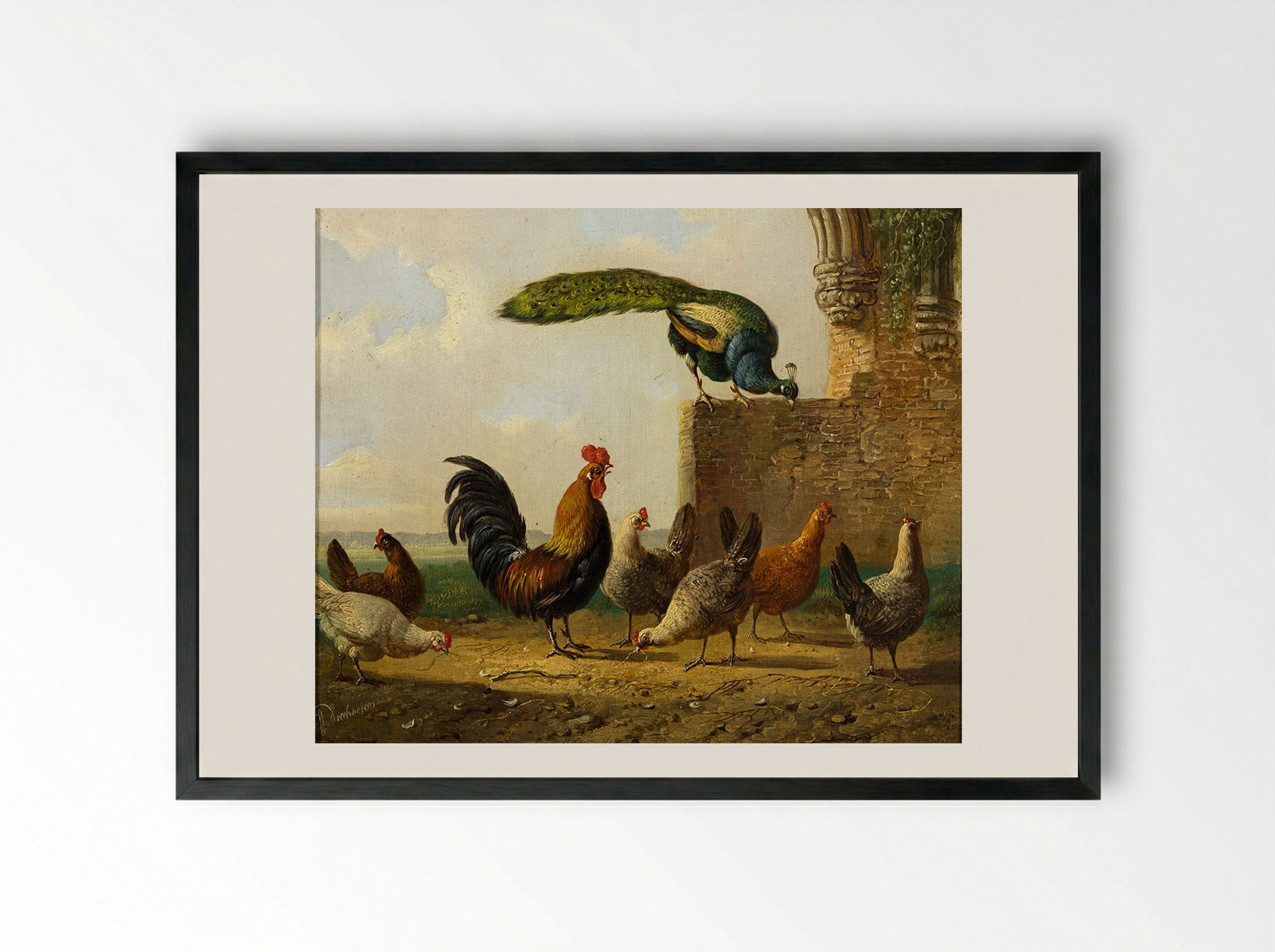 A Rooster with Hens and Chicks - Albertus Verhoesen - Framed Print Black