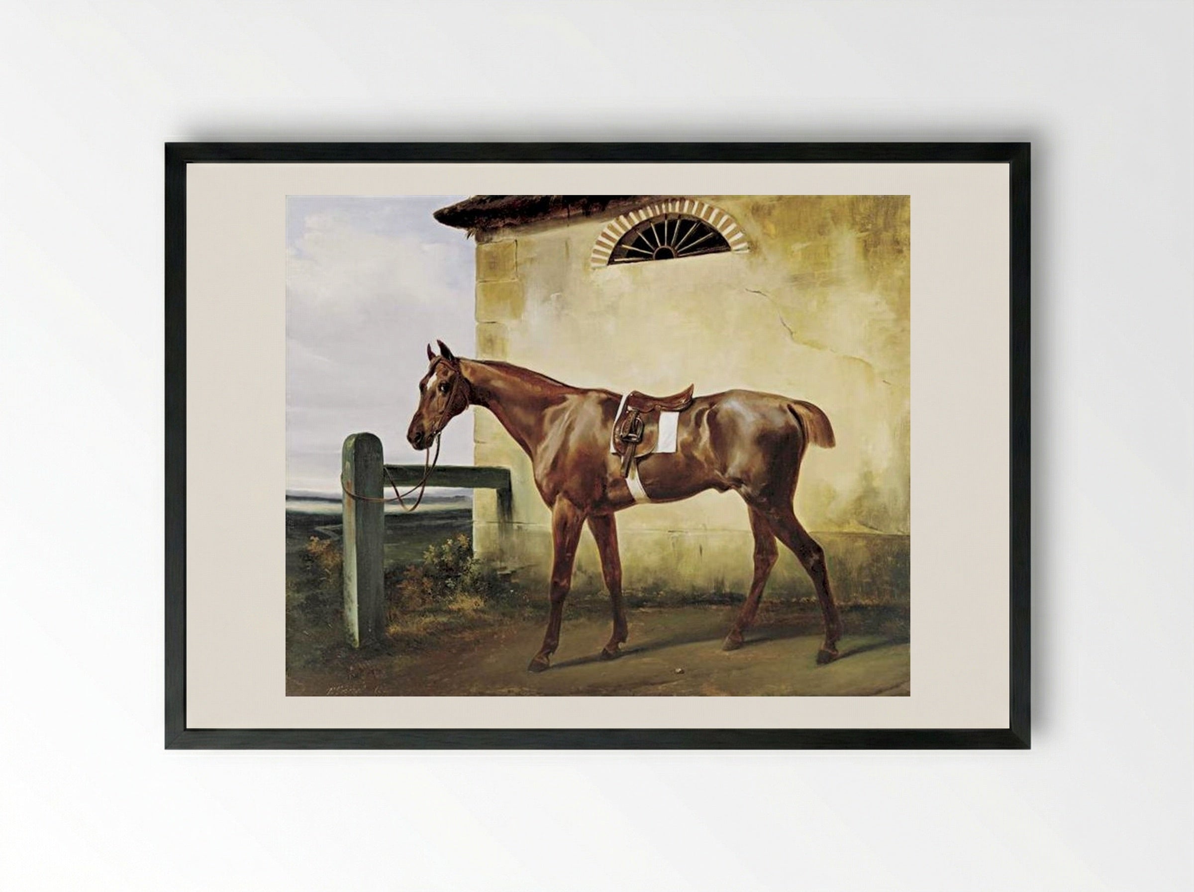 A Saddled Race Horse Tied to a Fence - Horace Vernet - Framed Print Black