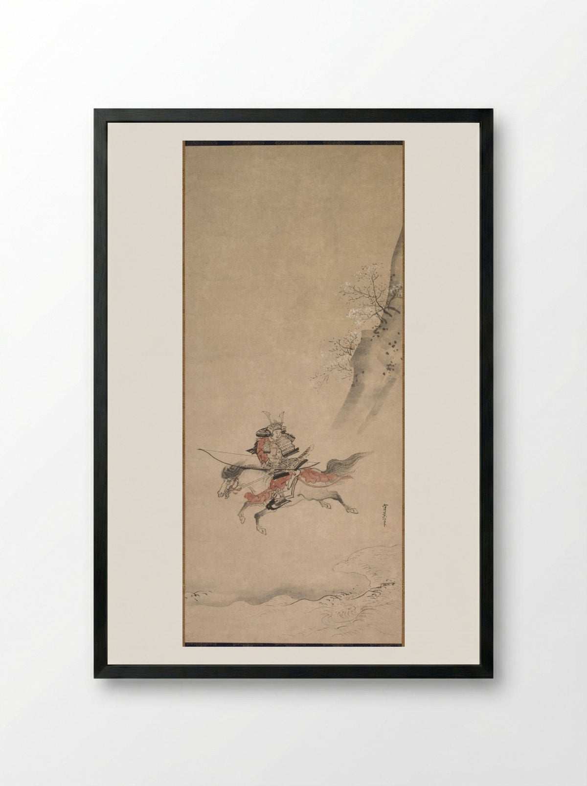 A Samurai on Horseback - Kusumi Morikage - Framed Print Black