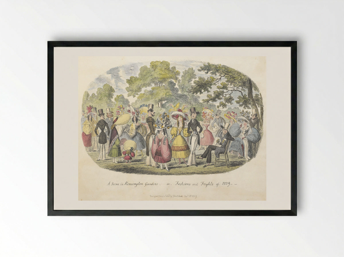 A Scene in Kensington Gardens, or, Fashions and Frights of 1829 - George Cruikshank - Framed Print Black