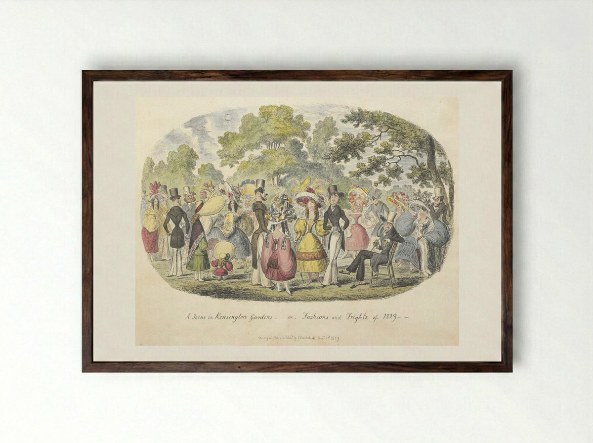 A Scene in Kensington Gardens, or, Fashions and Frights of 1829 - George Cruikshank - Framed Print Dark Wood
