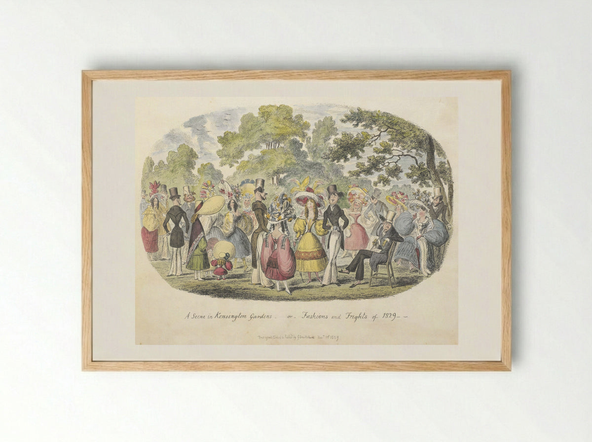 A Scene in Kensington Gardens, or, Fashions and Frights of 1829 - George Cruikshank - Framed Print Wood