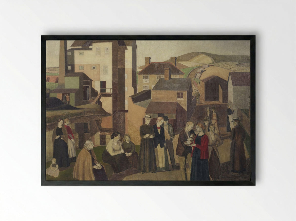 A Scene in a Village Street with Millhands Conversing - Winifred Knights - Framed Print Black