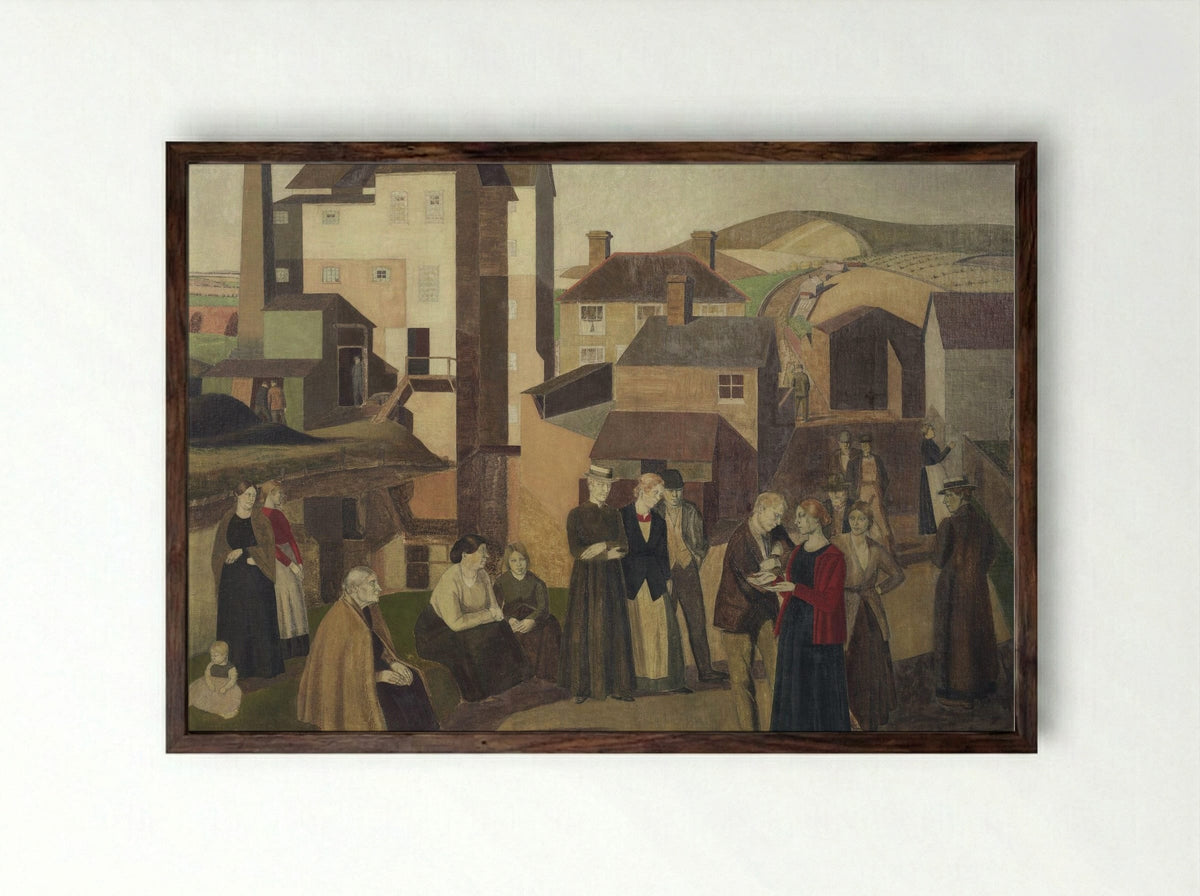 A Scene in a Village Street with Millhands Conversing - Winifred Knights - Framed Print Dark Wood