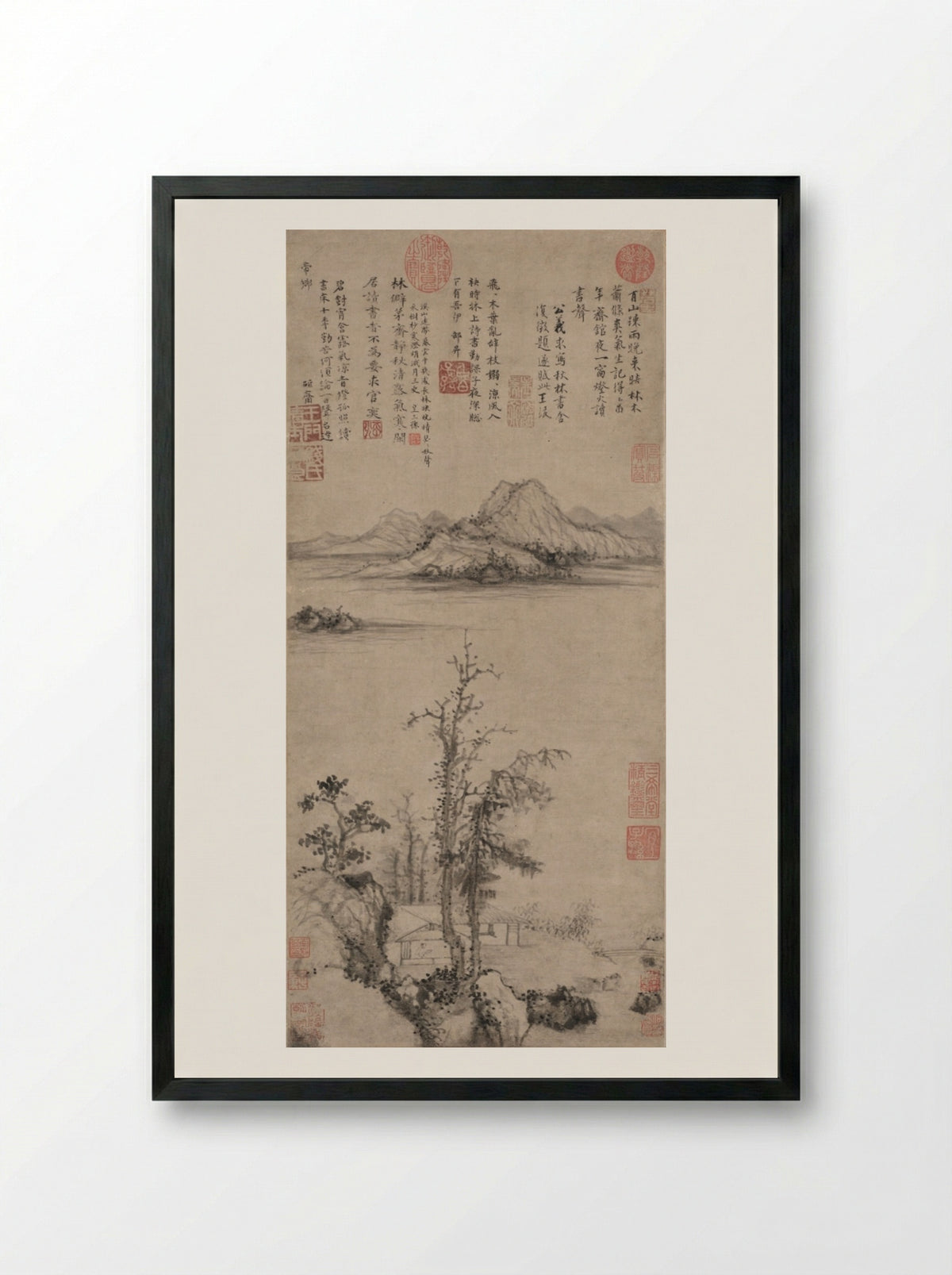 A Scholar's Retreat amid Autumn Trees - Wang Fu - Framed Print Black