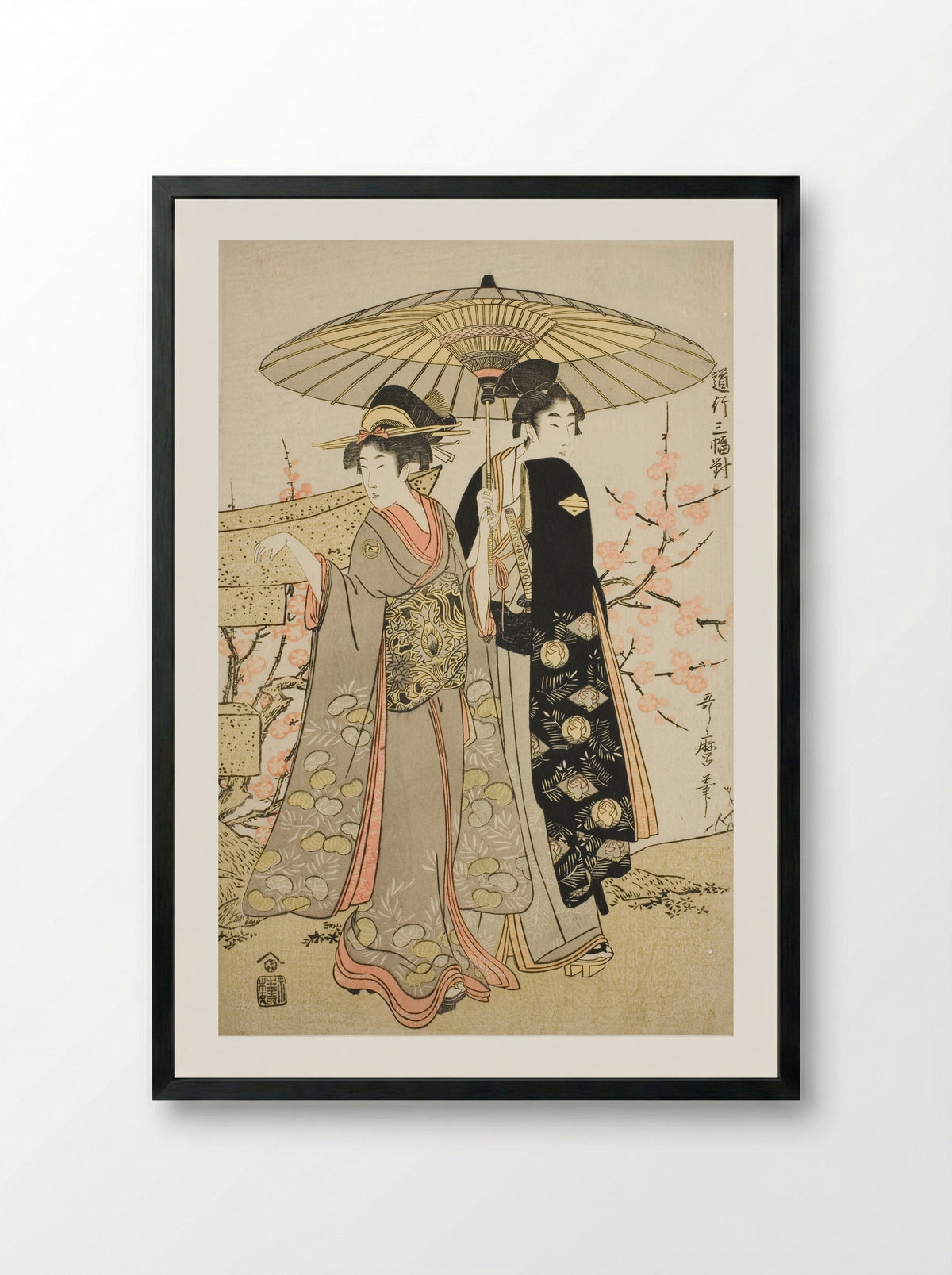 A Set of Three Romantic Journeys - Kitagawa Utamaro - Framed Print Black