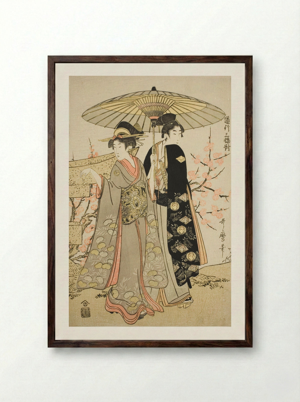 A Set of Three Romantic Journeys - Kitagawa Utamaro - Framed Print Dark Wood