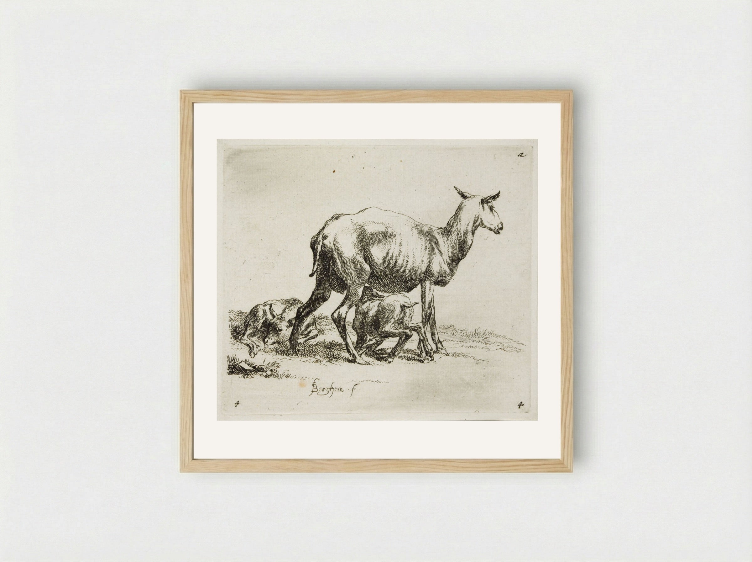 A Sheep and Two Kids - Nicolaes Berchem - Framed Print Wood