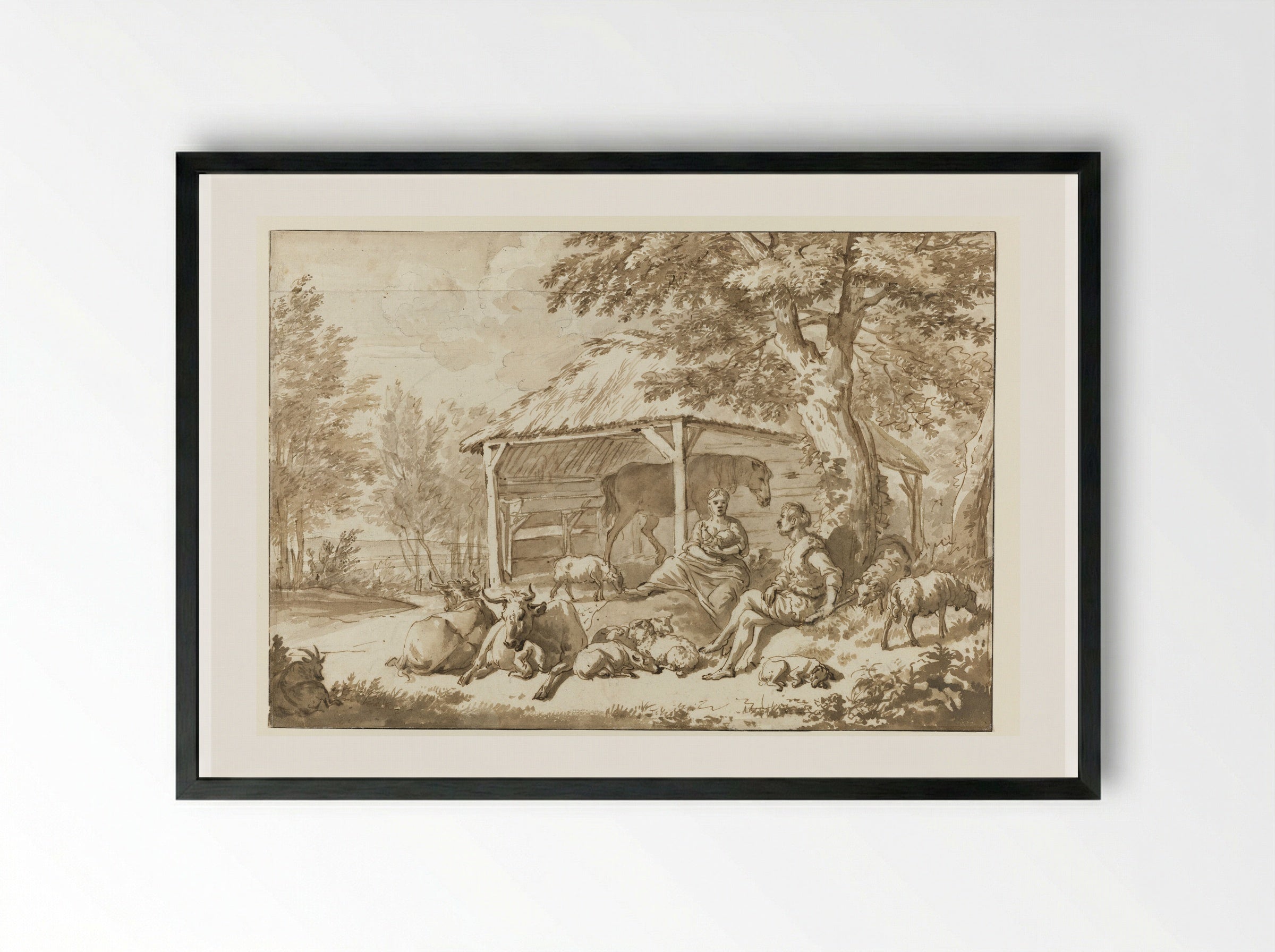 A Shepherd Couple with Cattle near a Shed - Adriaen van de Velde - Framed Print Black