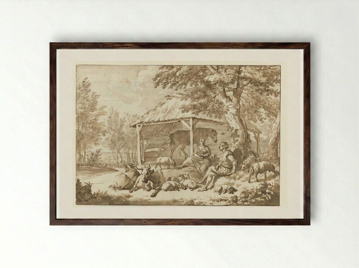 A Shepherd Couple with Cattle near a Shed - Adriaen van de Velde - Framed Print Dark Wood