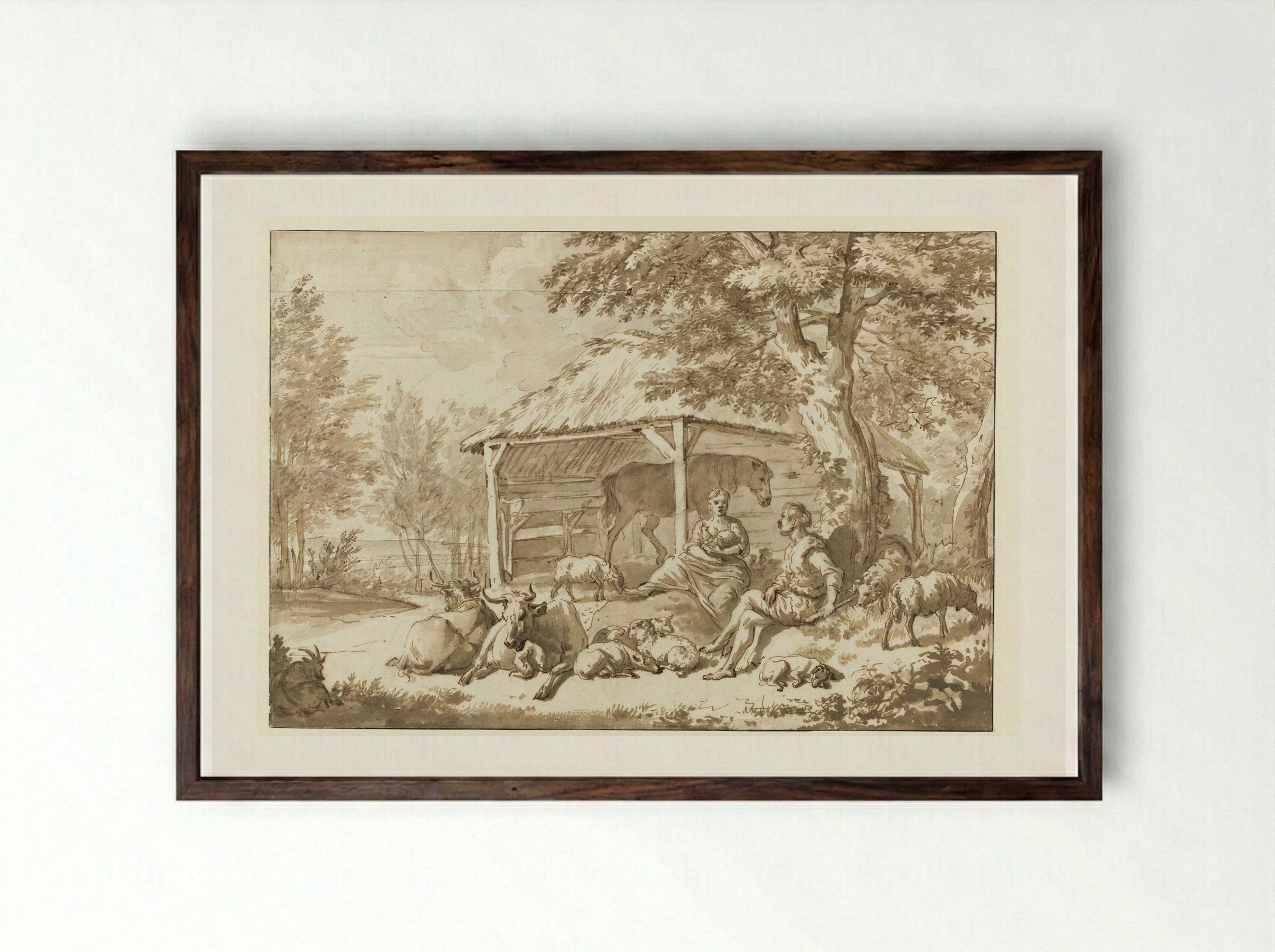 A Shepherd Couple with Cattle near a Shed - Adriaen van de Velde - Framed Print Dark Wood