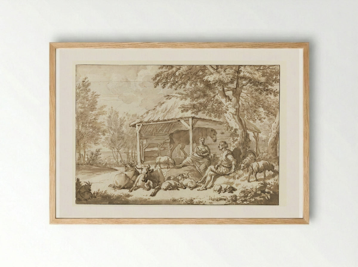 A Shepherd Couple with Cattle near a Shed - Adriaen van de Velde - Framed Print Wood