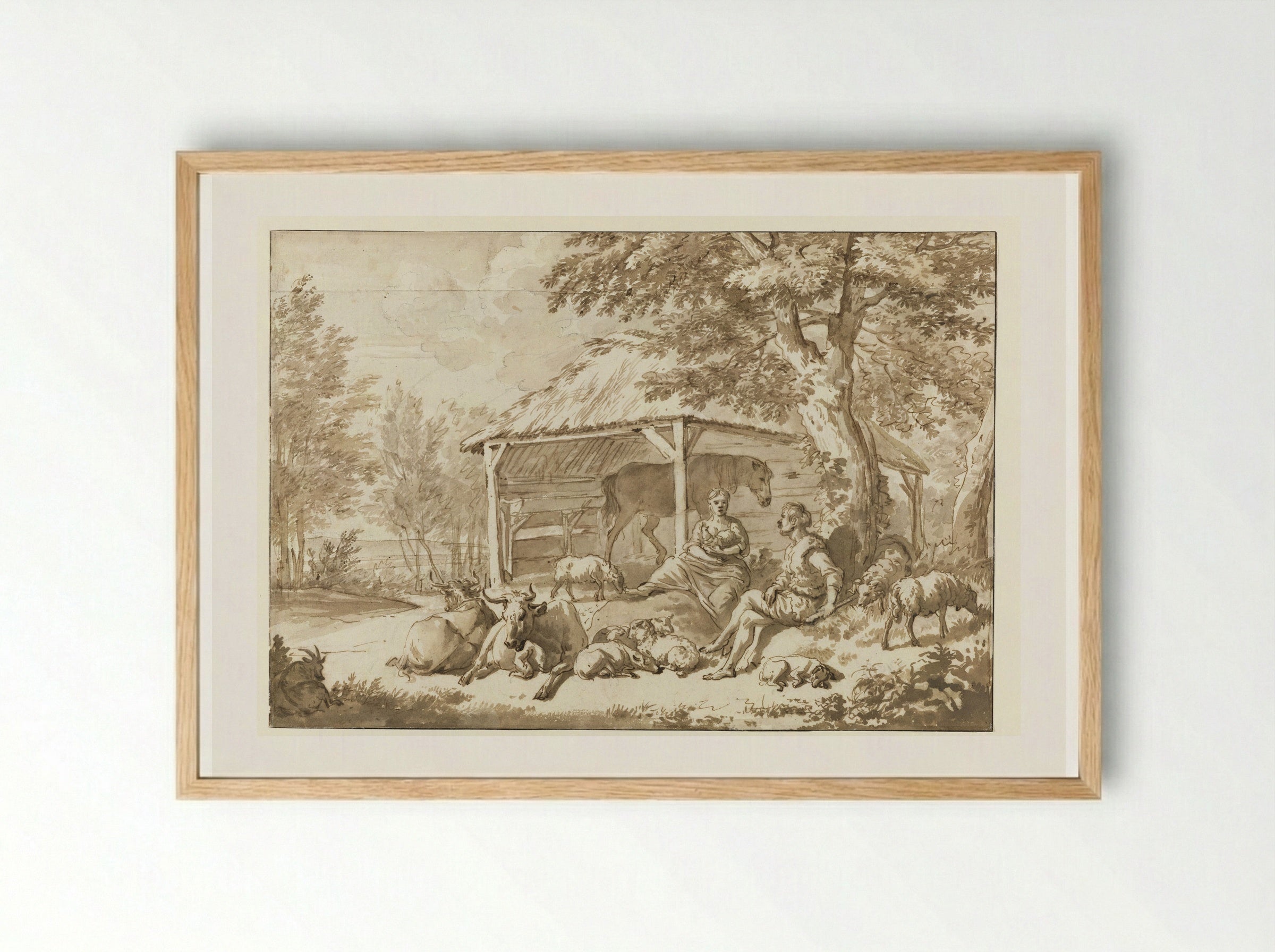 A Shepherd Couple with Cattle near a Shed - Adriaen van de Velde - Framed Print Wood