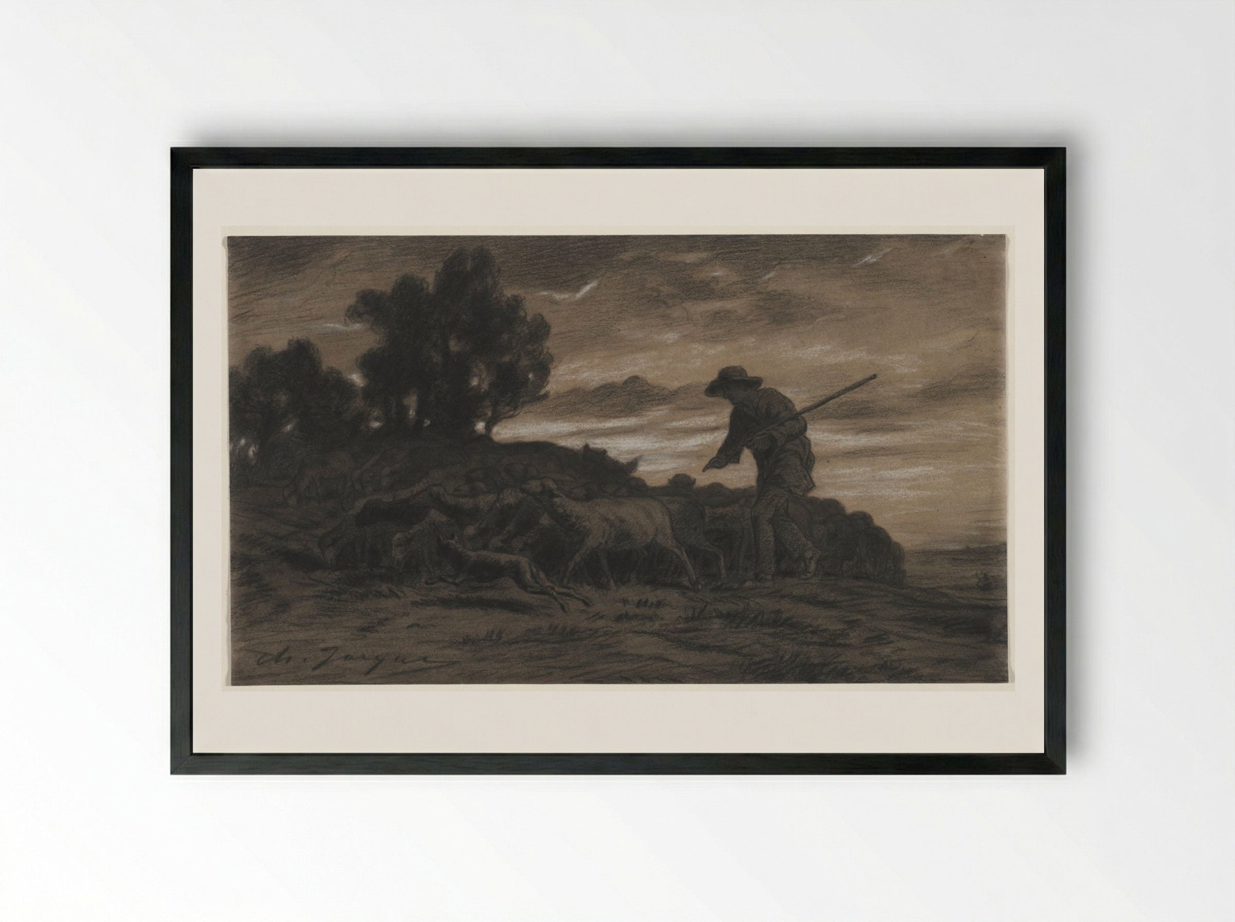 A Shepherd with His Flock - Charles-Émile Jacque - Framed Print Black