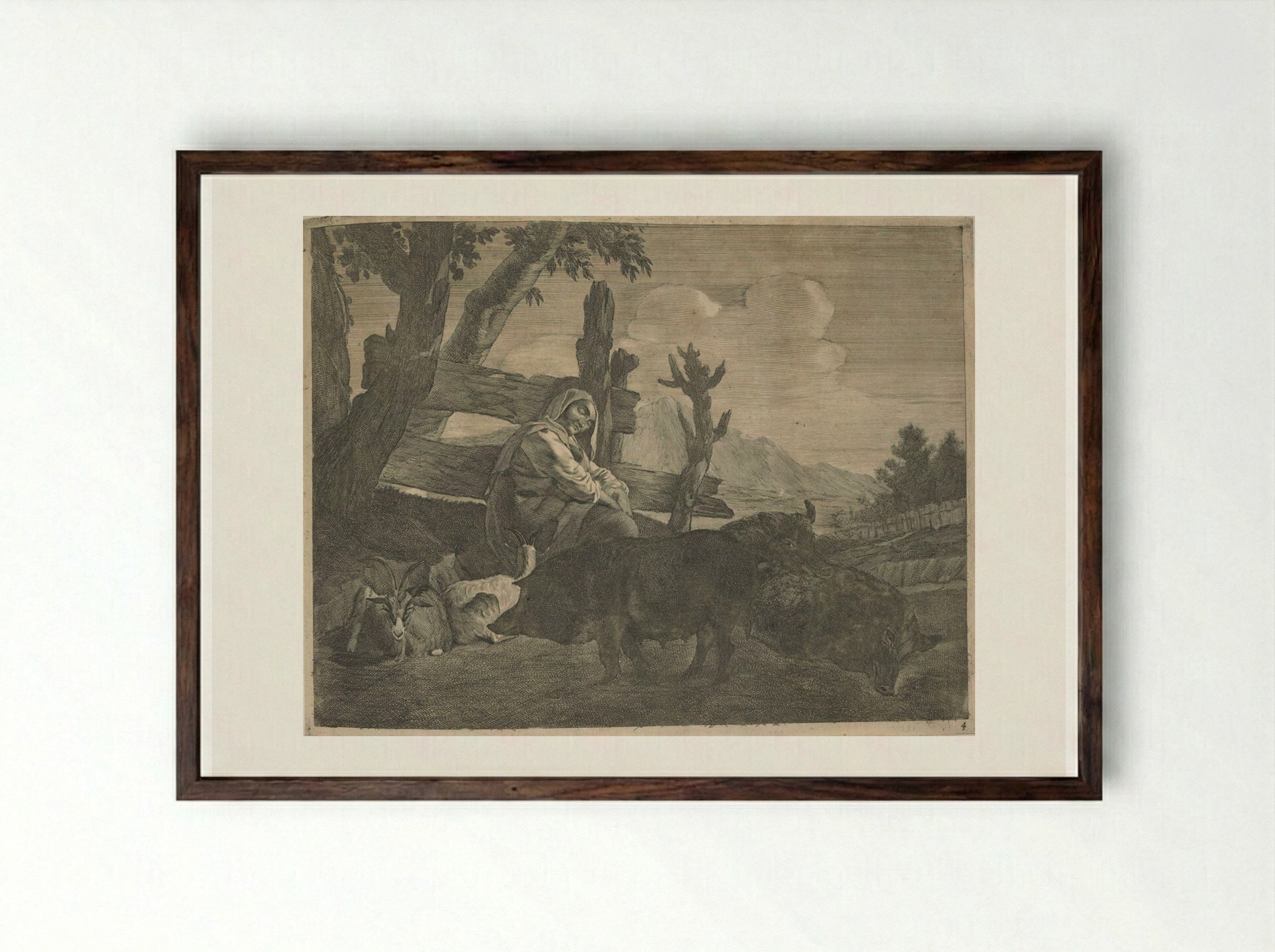 A Sleeping Shepherdess - Cornelis Visscher - Framed Print Dark Wood