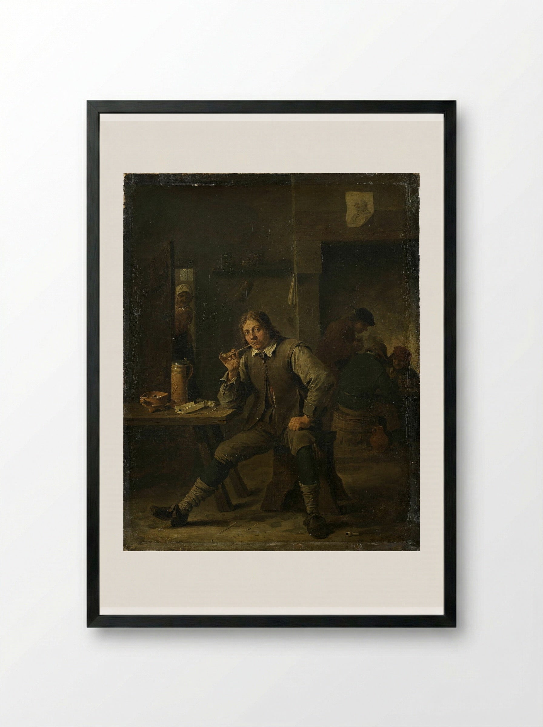 A Smoker Leaning on a Table - David Teniers the Younger - Framed Print Black