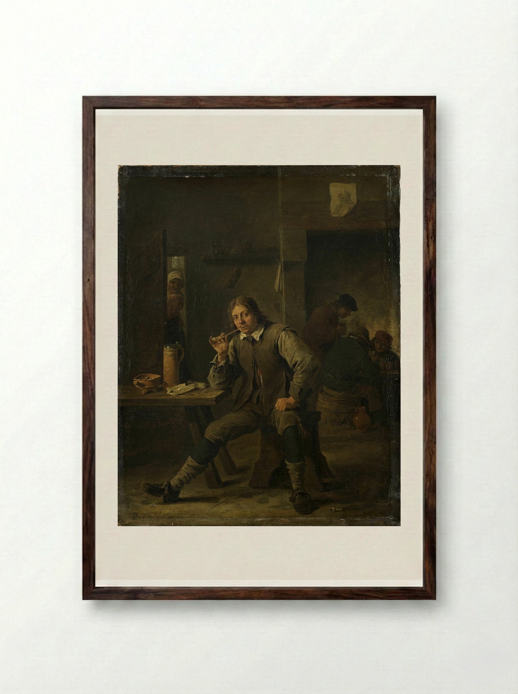 A Smoker Leaning on a Table - David Teniers the Younger - Framed Print Dark Wood